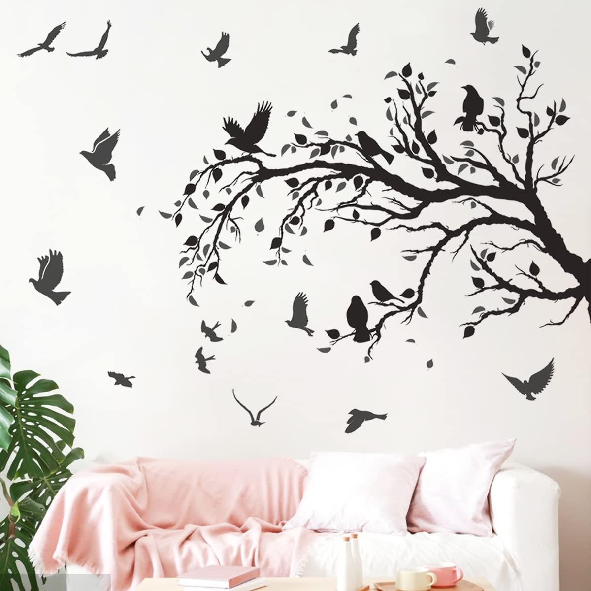 Black Tree Branch Flying Birds Wall Decal 50" × 30" DIY Birds Leaves Wall Stickers Peel & Stick Removable Vinyl Art Decals for Living Room Bedroom TV Background Wall Decor