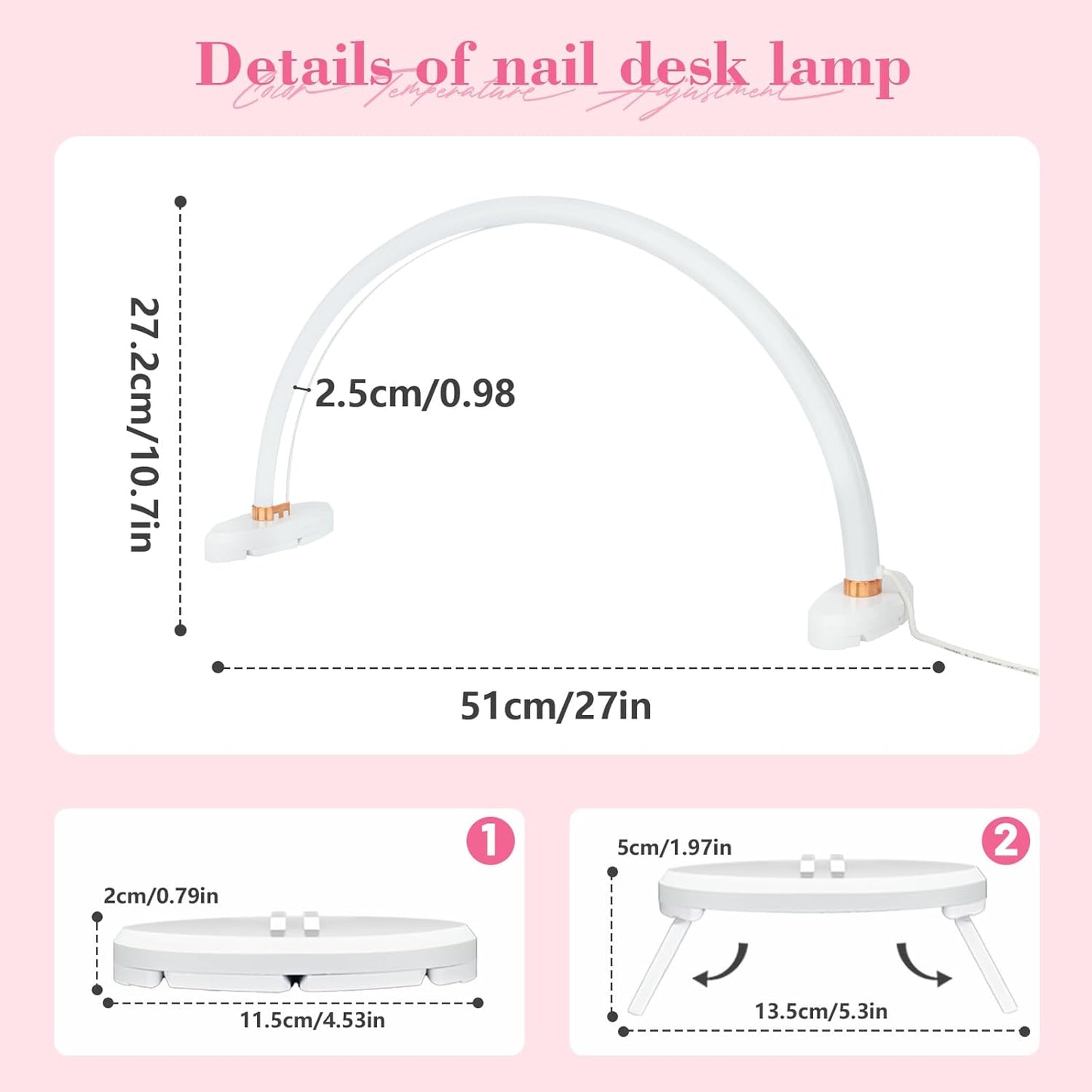 Half Moon Light for Nail Desk 20 inch Nail Desk Light Half Moon Lamp Portable Arch Lamp Dimmable with Foldable Bracket for Desk Salon Table Use, 3 Color Temperature