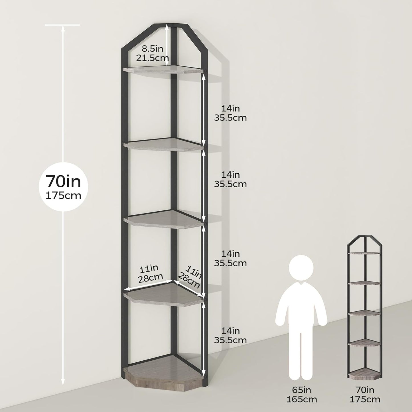 Fun Memories 5 Tier Corner Shelf, 70” Corner Shelf Stand, Corner Bookshelf Plant Stand, Storage Shelf for Bathroom, Living Room, Kitchen,Grey Home Office, Grey