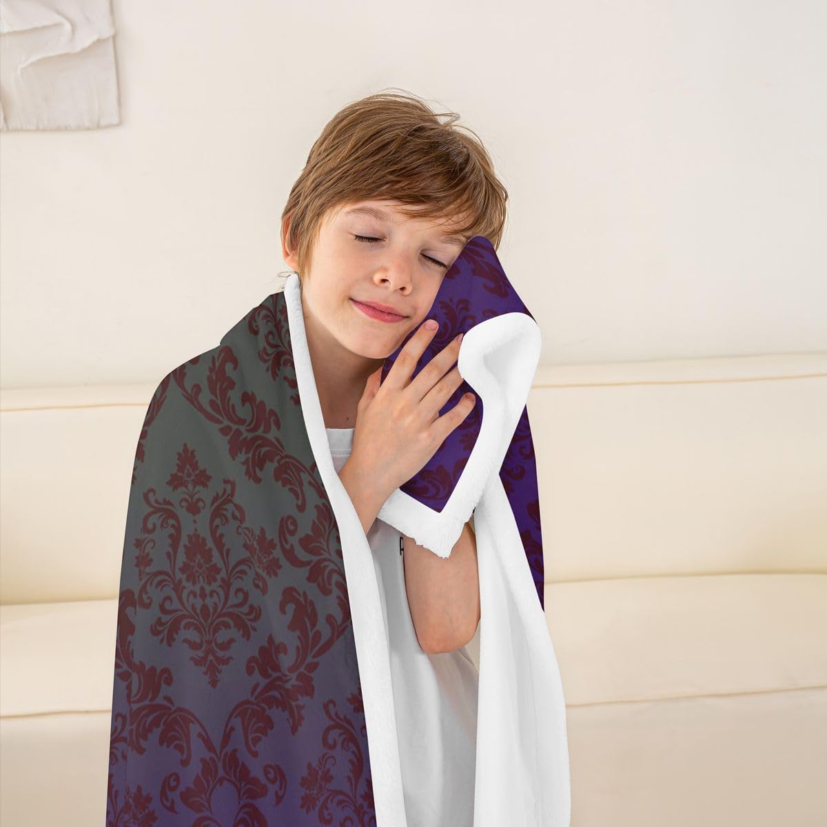 Feelyou Gothic Sherpa Throw Blanket for Couch Paisley Floral Victorian Super Soft Cozy Fleece Purple Grey Blanket for Winter, Plush Throw Baby 30"x40" All Season