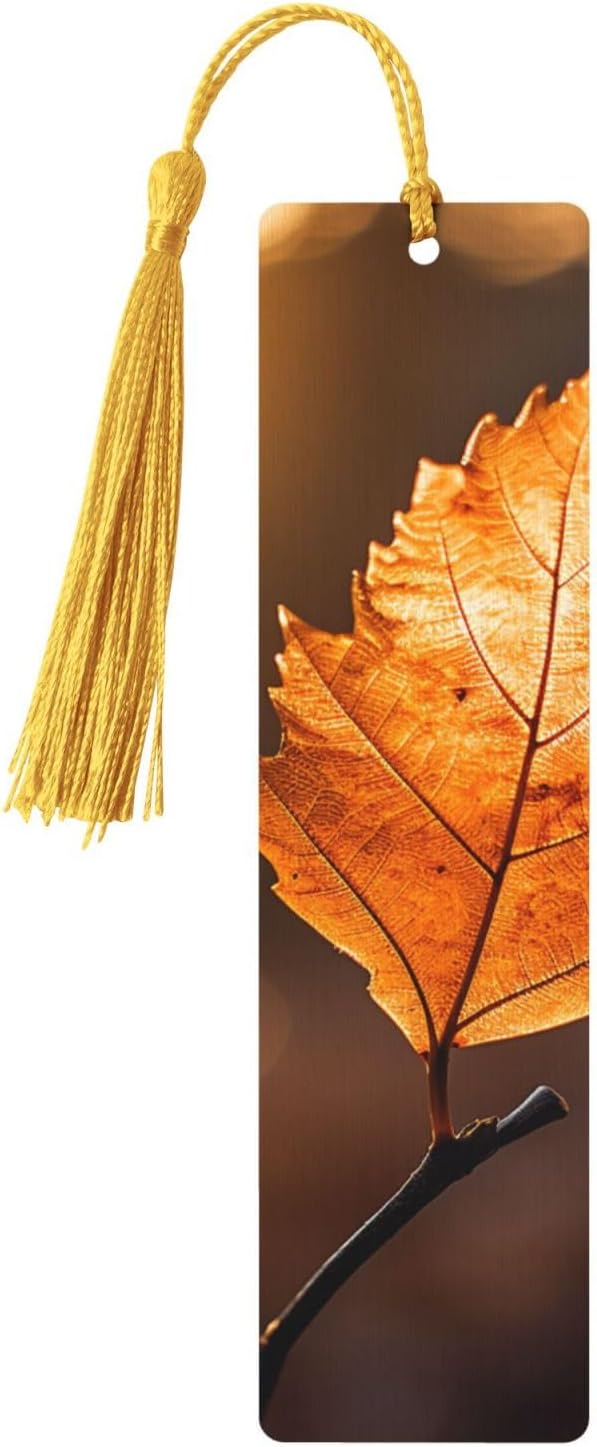 Orange Leaves Bookmarks Gifts for Women Men, Wooden Bookmarks for Book Lovers, Vintage Book Marks Ornaments with Tassel, Unique Personalized Reading Page Markers Gold