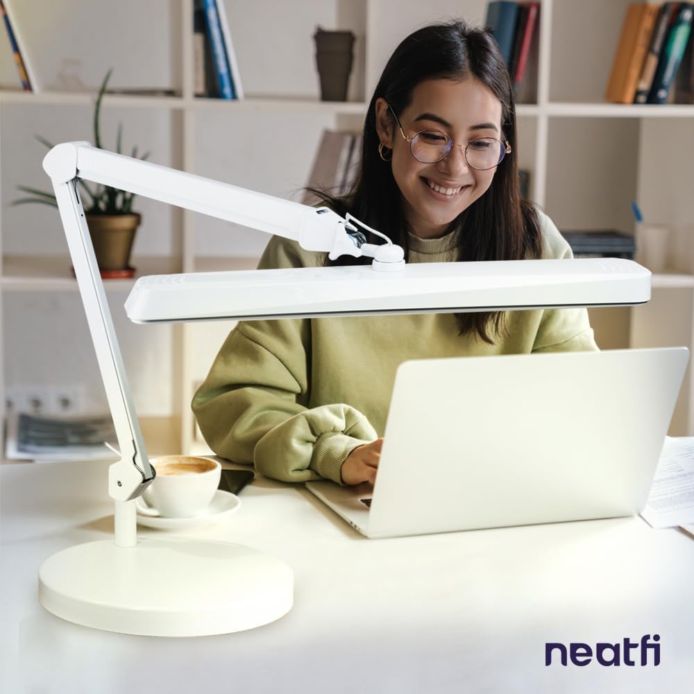 Neatfi XL 2,500 Lumens 30W LED Task Lamp – 22” Wide Shade | 324 SMD LEDs | 5 Light Modes | 3000K–6000K | Dimmable | Eye-Caring Desk Light for Home, Office (CCT with Base, White)