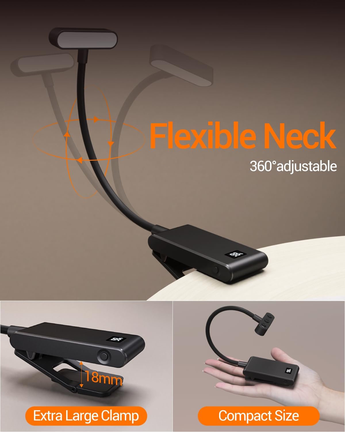 Rechargeable Clip On Reading Lamp, 9 Led 90 Hours with Power Display, 3 Brightness Levels Eye Caring Book Lamp for Kids Teachers Studying at Night in Bed