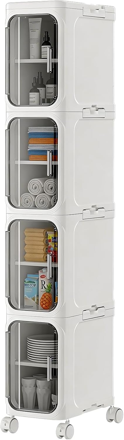 HIYOHIYO 4-Tier Tall Narrow Bathroom Storage Cabinet with Movable and Locking Wheel Design, Slim Storage Cabinet with Adjustable Shelves for Small Space and Kitchen Narrow Spaces, White (Width 8.5")