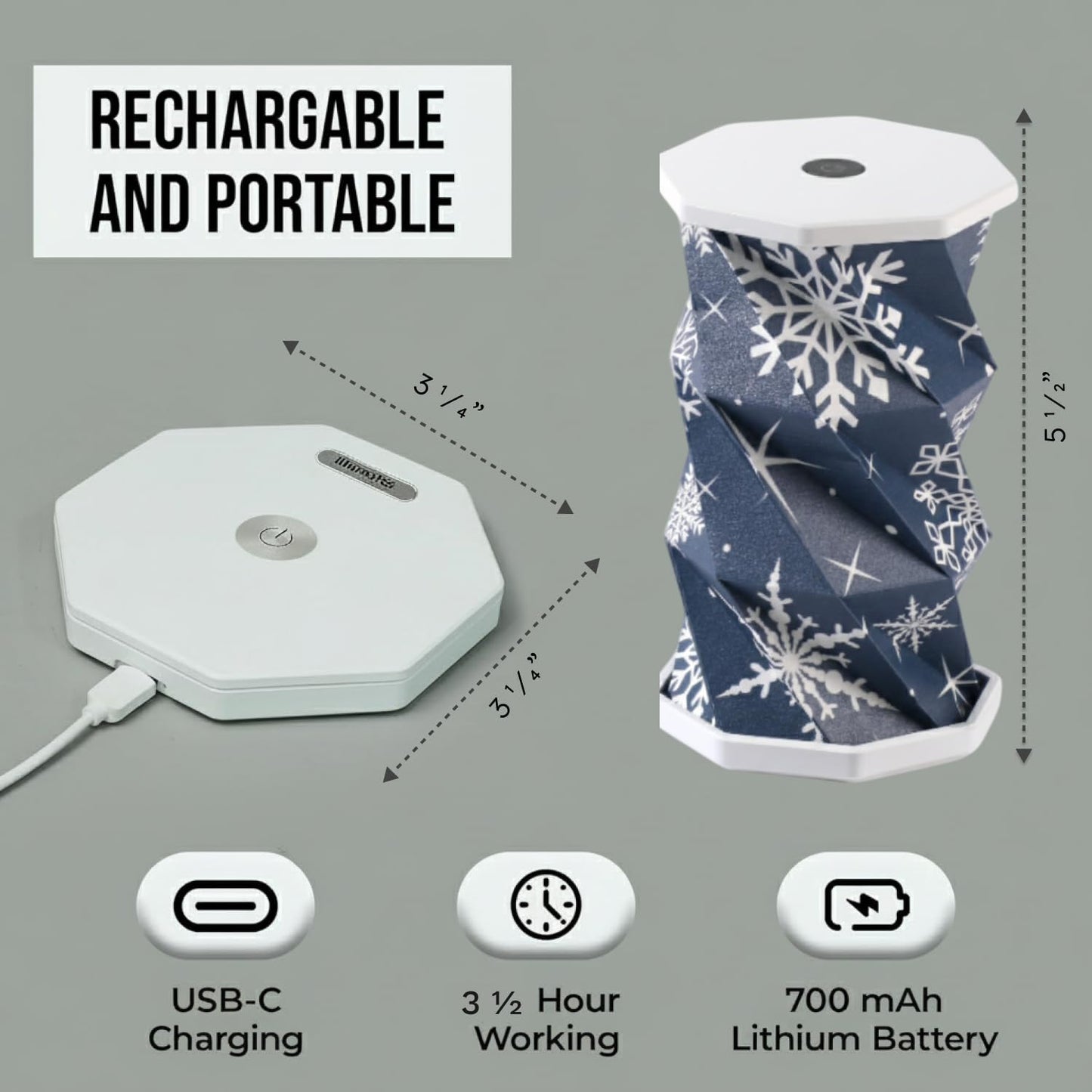 Mini Foldable LED Desk Lamp – USB Rechargeable & Portable - Dimmable Touch Control Light with Adjustable Height up to 5 1/2 for Office, Travel, Bedside - Sleek & Modern (Holiday Snowflake)