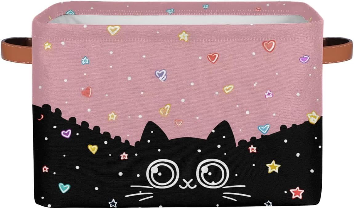 Pardick Storage Baskets Bin, Cute Cat Black Collapsible Canvas Fabric Storage Bin Decorative Baskets Toy Organizer Rectangle Storage Boxes with handles for Home Shelves Nursery,Q-10