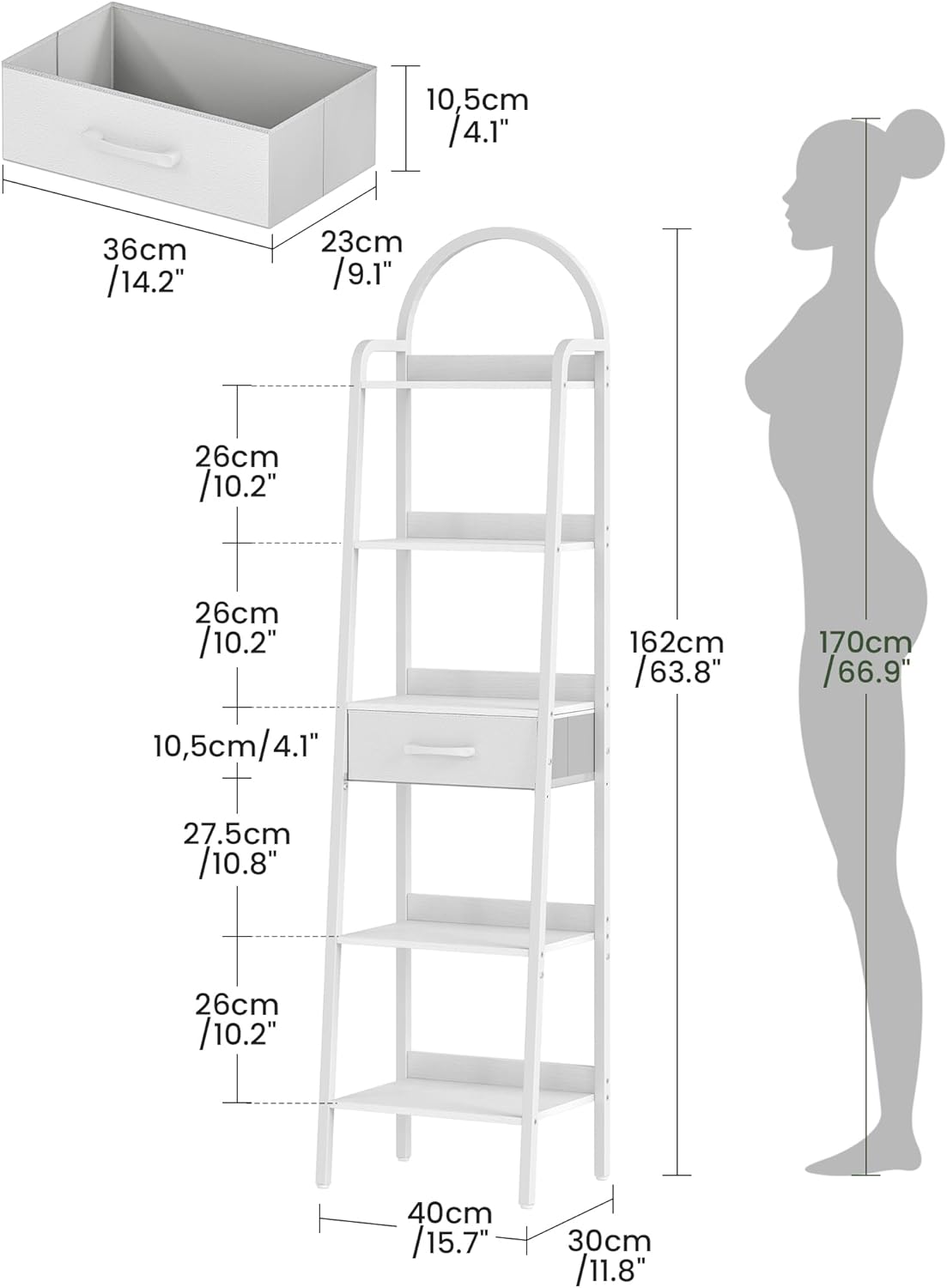 5 Tier Ladder Shelf with Drawer, Tall Ladder Bookshelf, Standing Bookcase with Metal Frame for Living Room, Bathroom, Home Office, Study, Balcony, White TCJ07WB