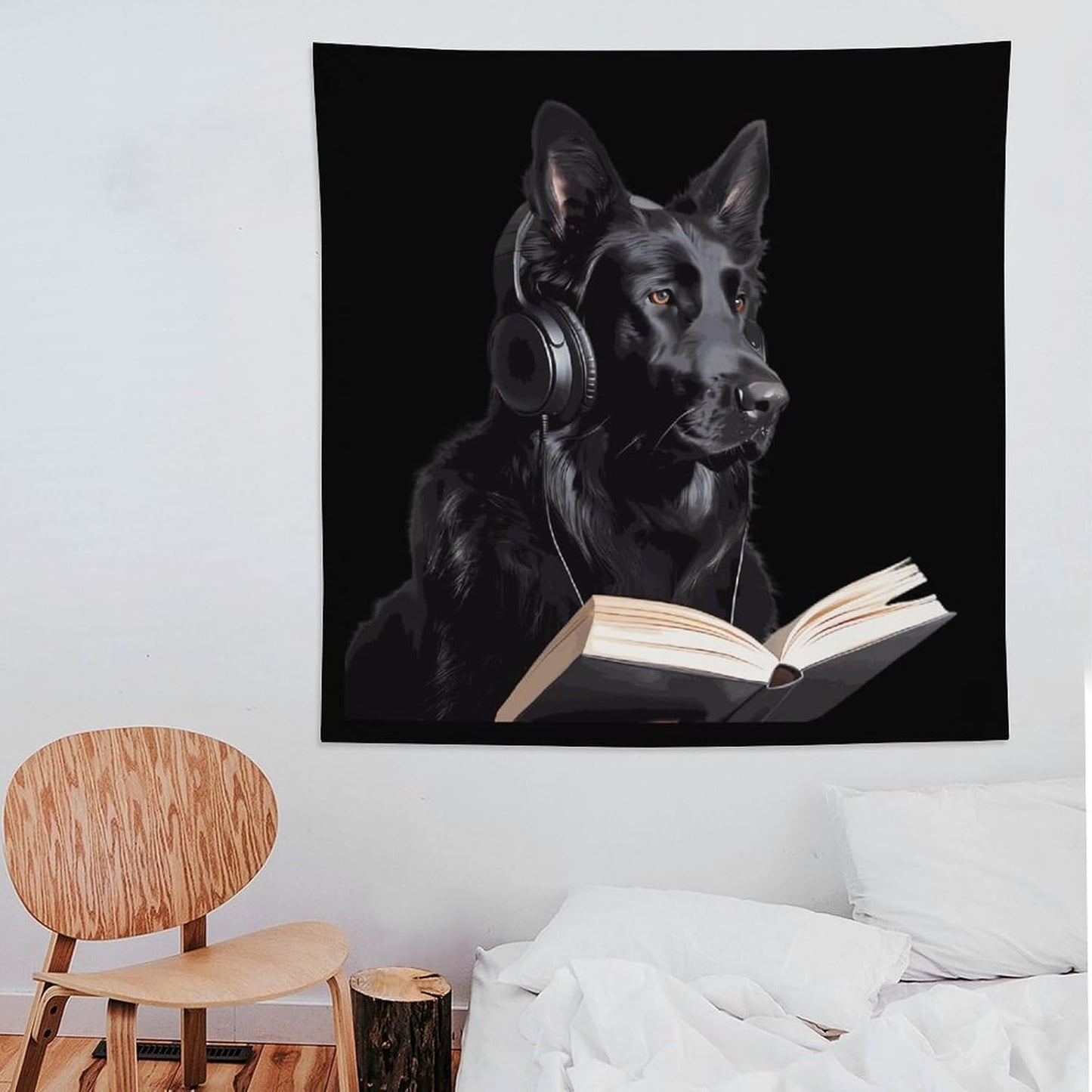 German Shepherd Wearing Headphones Reading Funny Tapestry Wall Hanging Aesthetic Blanket Room Decoration for Picnic Beach Mat