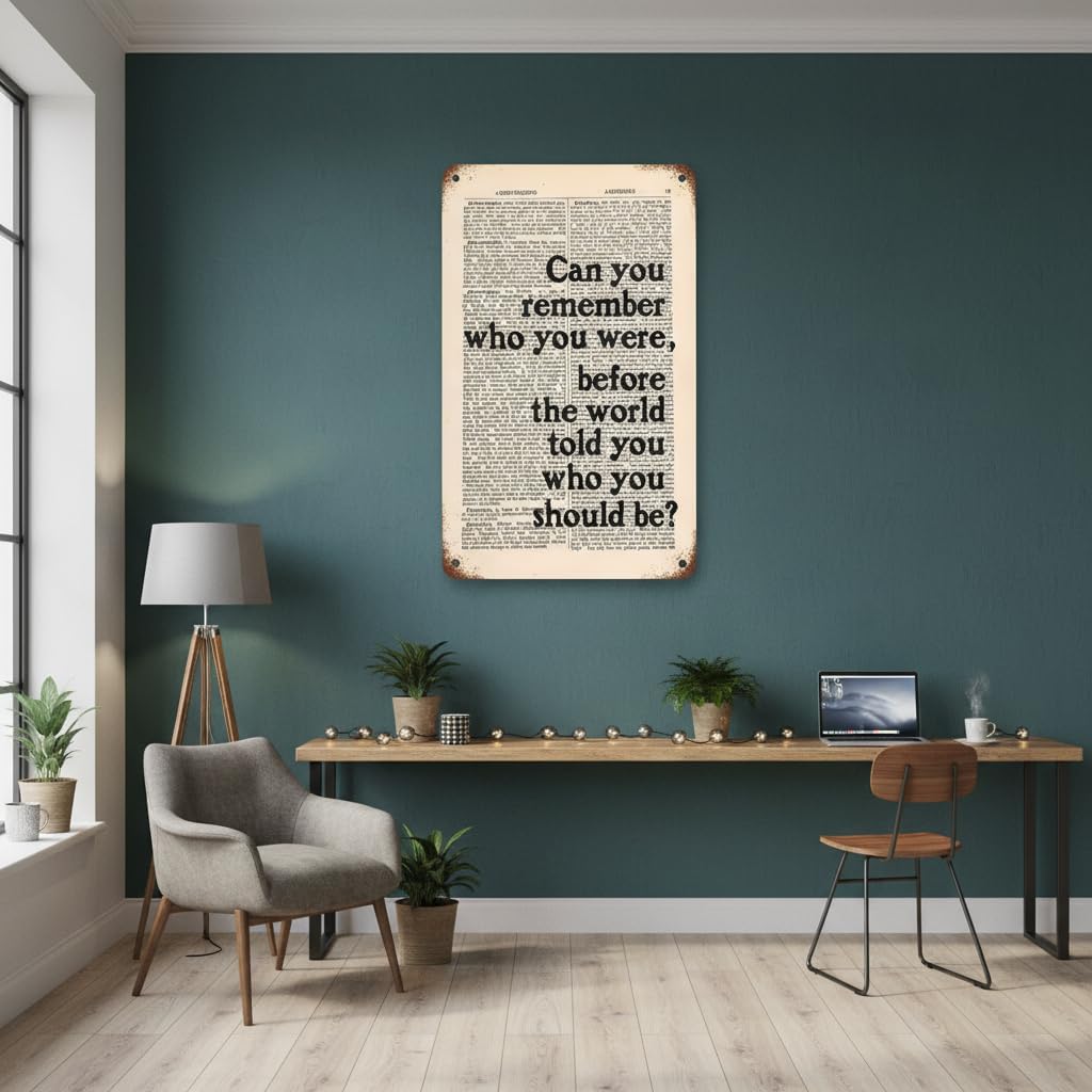 Inspirational Quote Metal Tin Sign 8x12 Inch – “Can You Remember Who You Were Before the World Told You Who You Should Be” Vintage Literary Wall Decor for Study, Library, Home, Office