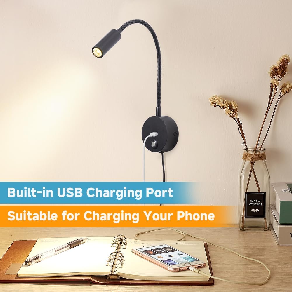 Dimmable Wall Mounted Reading Light with USB Charging Port, Plug-in LED Headboard Reading Light, Bedside Spot Wall Lamps with Flexible Gooseneck, Black Finished