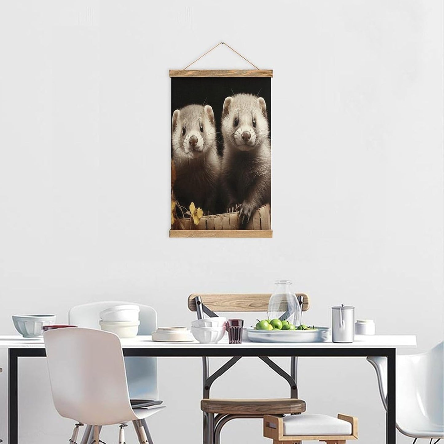Vintage Ferrets Poster with Wooden Frame Personalized Linen Hanging Scroll Painting Rustic Wall Hanging Illustrative Modern Artwork Decor for Home Living Room Bedroom Office