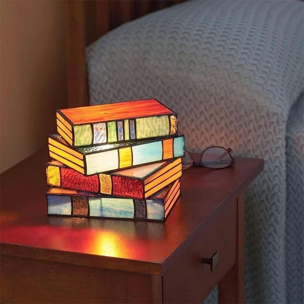 RERUICO Stained Glass Stacked Books Lamp Vintage Desk Lamp Small Reading Book Lamp Decor Stained Glass Nightlight