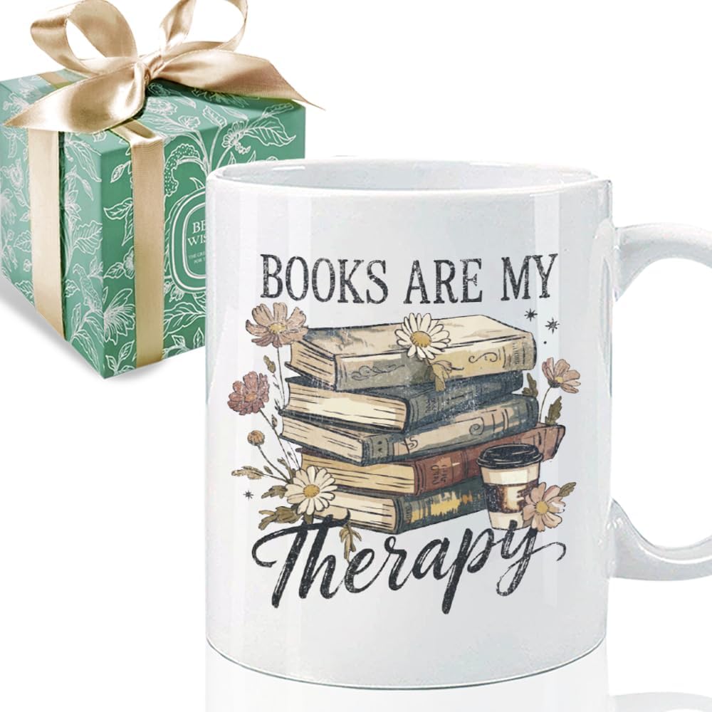 Funny Book Mug Gift for Book Lovers Readers, Books Are My Therapy Novelty Books Gift for Librarian Bookish Bookworm Women 11oz