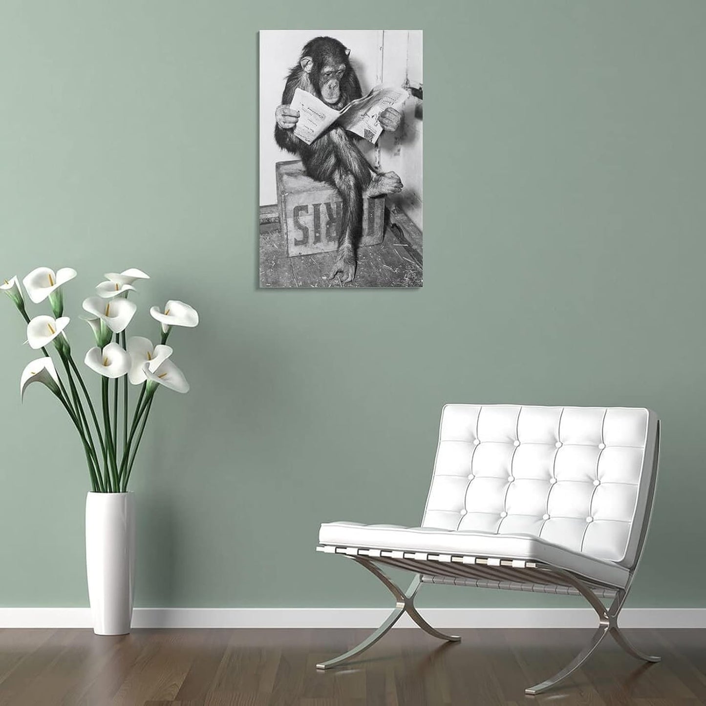 Animals Art Poster Monkey Reading Newspaper Canvas Painting Wall Art Posters and Prints Office Livin Canvas Painting Wall Art Poster for Bedroom Living Room Decor 20x30inch(50x75cm) Frame-Style-1