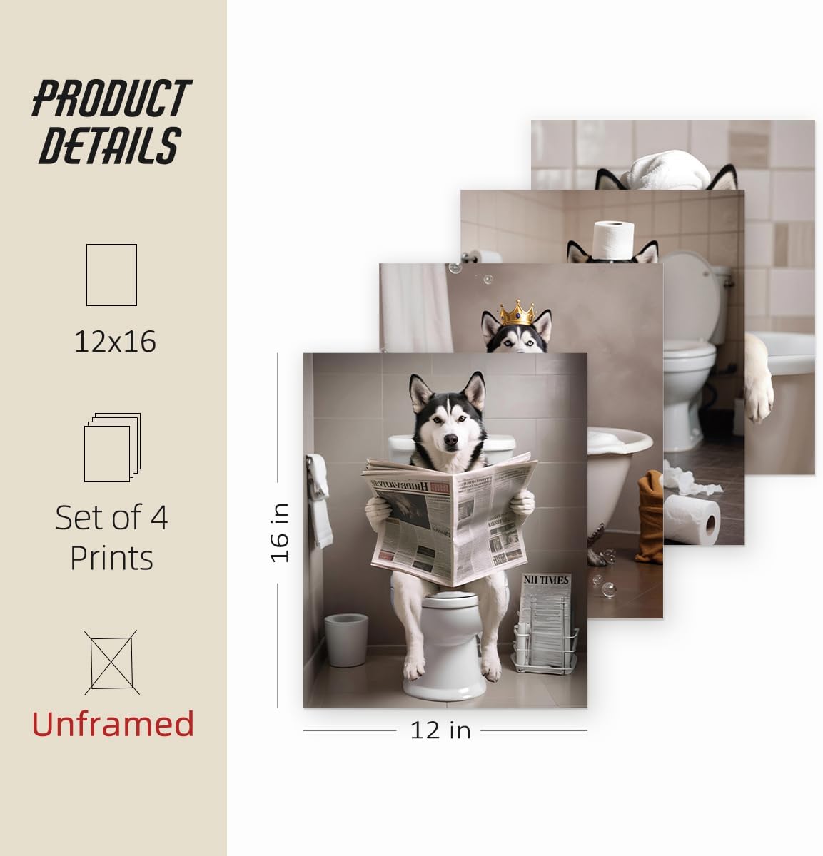 ETVISO Funny Husky Bathroom Decor Set of 4, Cute Dog Reading Newspaper Print Wall Art Decorations, Humorous Toilet Decor for Washroom or Restroom (12x16 Unframed)