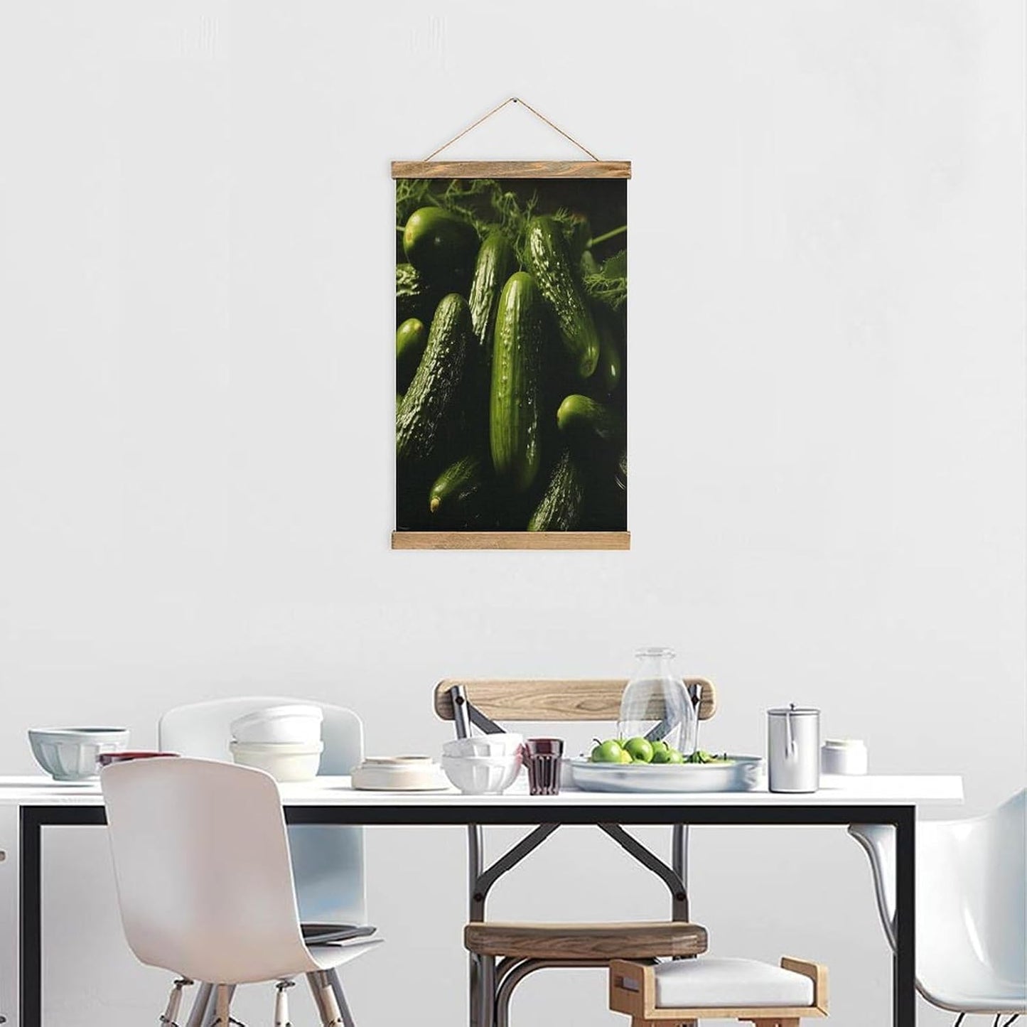 Vintage Pickle Poster with Wooden Frame Personalized Linen Hanging Scroll Painting Rustic Wall Hanging Illustrative Modern Artwork Decor for Home Living Room Bedroom Office