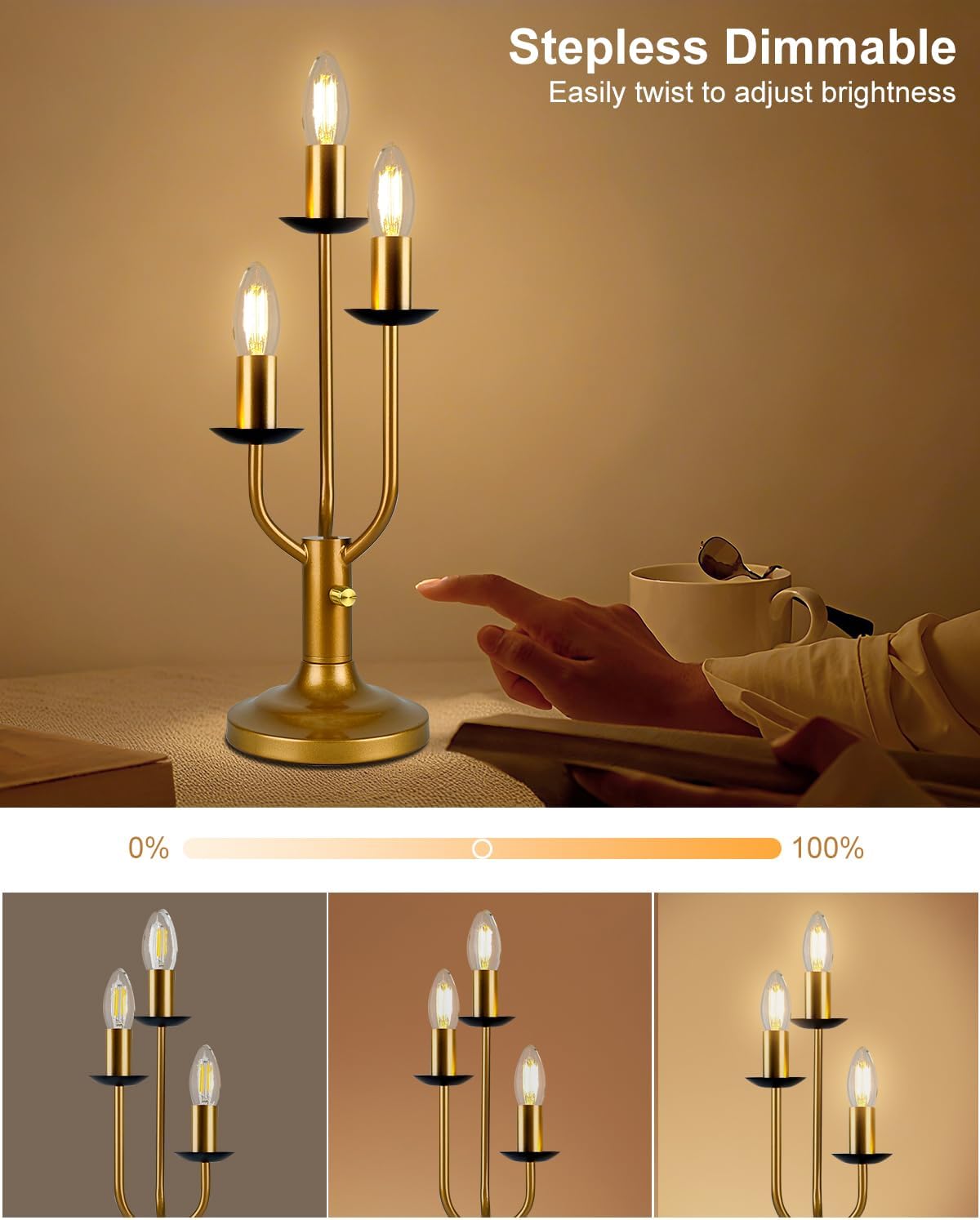 Vintage Candle Table Lamp 3 - Light Candelabra Lamp for Wedding/Party, 3000K Warm White Dimmable Desk Lamp Mid Century Nightstand Bedside Lamps for Bedroom/Dining - Gold