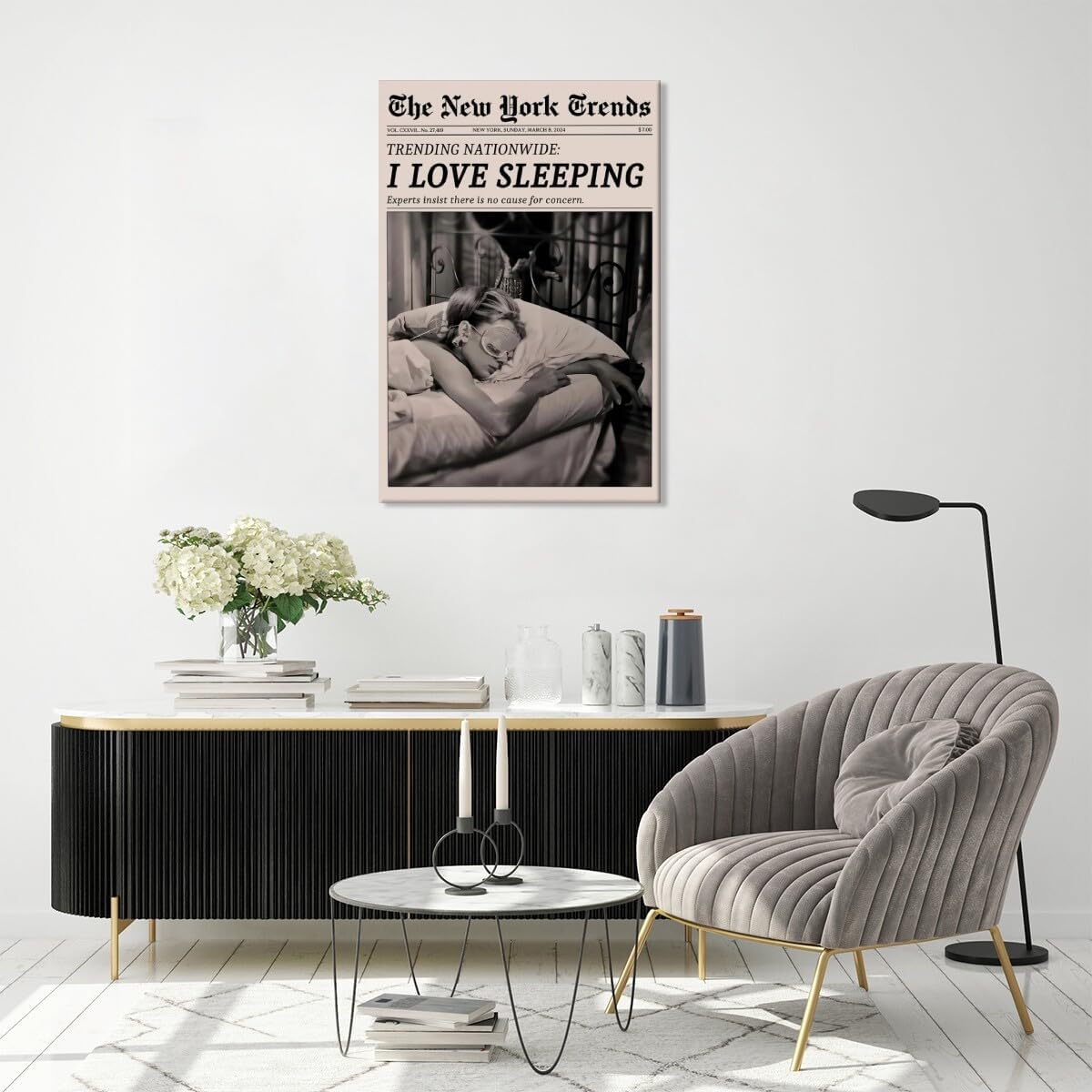 Retro Newspaper Wall Art Vintage Feminist Aesthetic Poster Black and White Canvas Print Funky Girl I Love Sleeping Art for Women Girly Bedroom Dorm Wall Decor 8x12inch Unframed