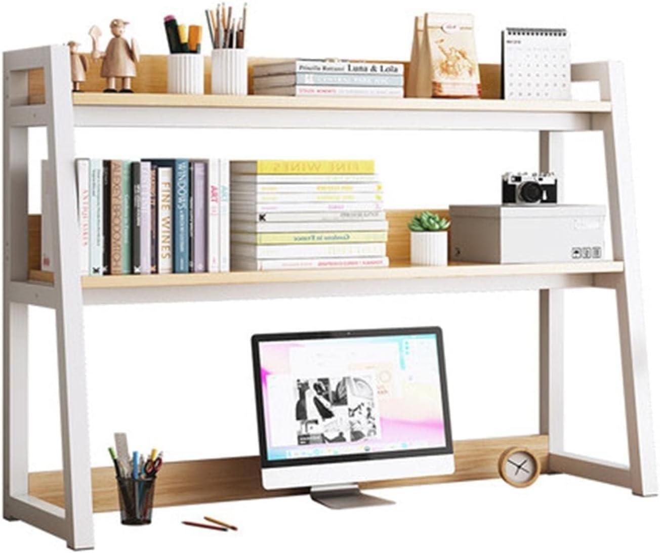 Metal Frame 2-Tier Countertop Hutch Bookcase Organizer – Desktop Bookshelf for Home Office Storage & Display Rack (Size: 95cm) – Modern Industrial Design