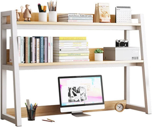 Metal Frame 2-Tier Countertop Hutch Bookcase Organizer – Desktop Bookshelf for Home Office Storage & Display Rack (Size: 95cm) – Modern Industrial Design