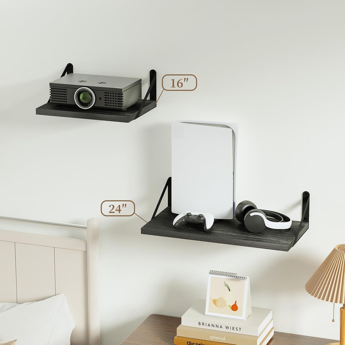 SAUMONIERES Floating Shelves Bookshelf for Bedroom Bathroom Living Room Wood Wall Mounted Wide Deep Storage, Black Painted Set of 2
