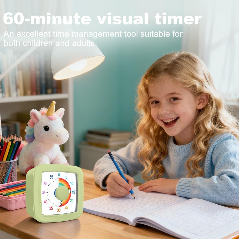 Green Visual Timer 60 Minute Countdown Timer Desk Timer Kids Time Management Tools with Quiet Operation Pomodoro Timer for Home Kitchen Classroom