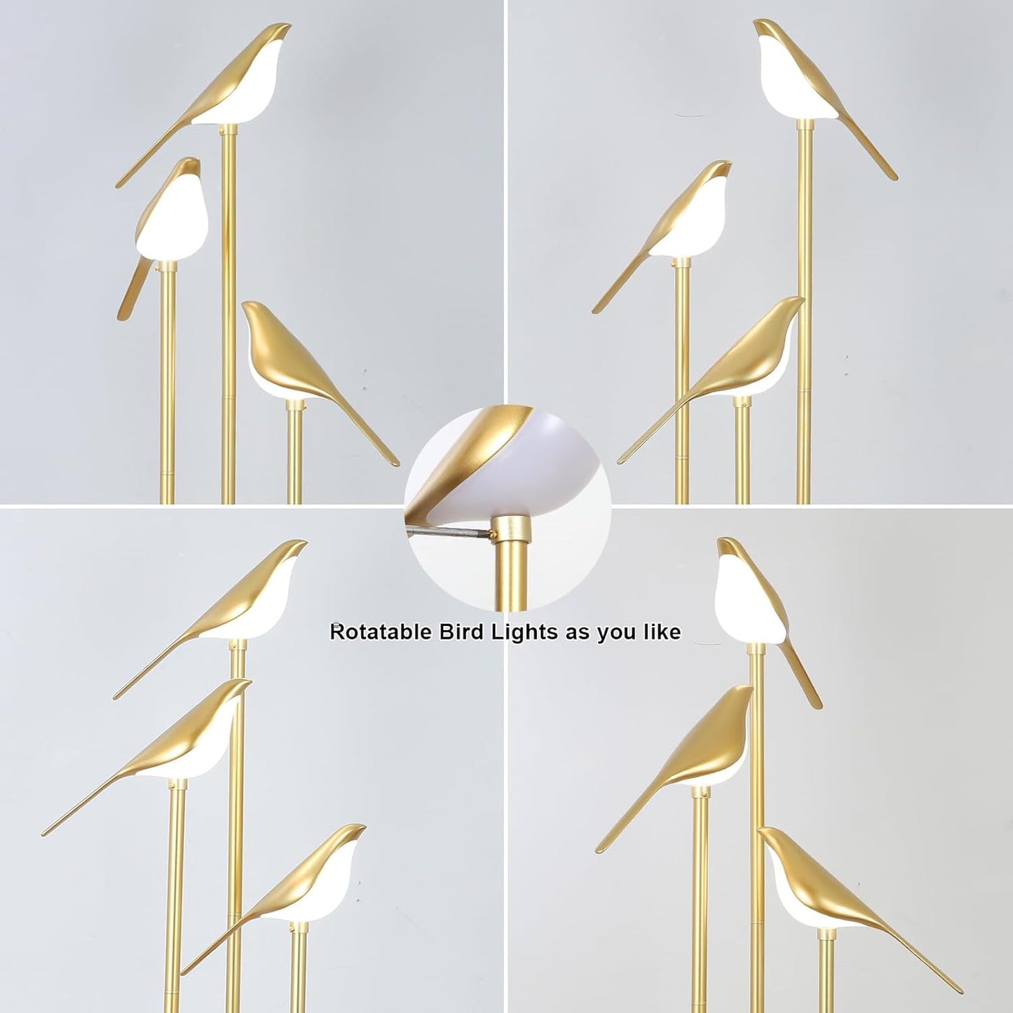 Gold Floor Lamps for Living Room, Modern Floor Lamp with Shelves, Mid Century Standing Lamp with 3 Adjustable LED Bird Lights, Corner Tall Lamp with Table, Brass Stand up Lamp for Bedroom Kids Room