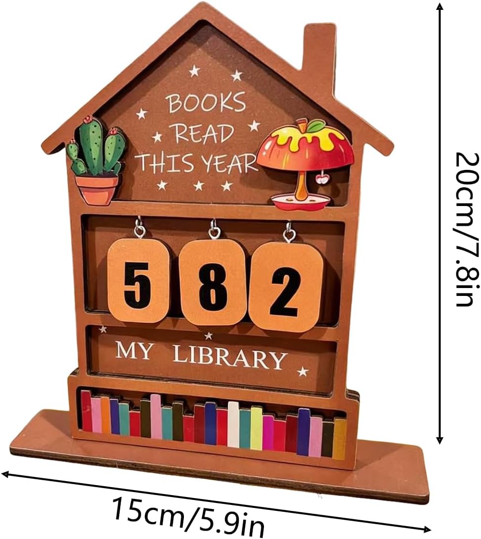 Wooden Book Counter, Rustic Reading Display, Counter Sign with Tracker, Wood Table Sign with Stand, Reading Accessory with Charm, Bookish Gift for Reader Teacher Student Home 7.87x5.91x0.39 Inches