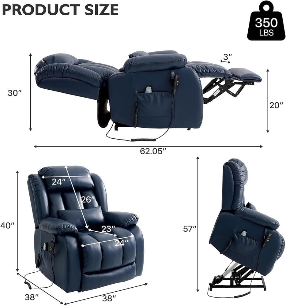 Extra Large Power Lift Recliner Chair with Dual Motor Heat Massage Infinite Position USB Charging Remote Control Lay Flat Recliners Chairs for Living Room Elderly Adult