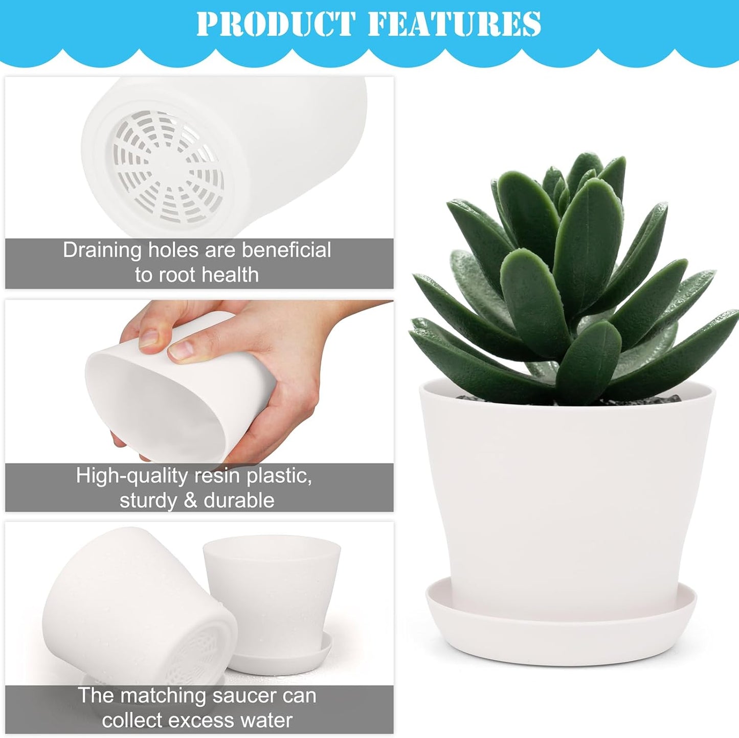 48 Pack Plastic Planters 4 Inch Flower Plant Pots Indoor Set Thickened Seedling Nursery Pots Seed Starting Pots with Drainage Holes Saucers, Mini Garden Tools for Home Office Garden, White