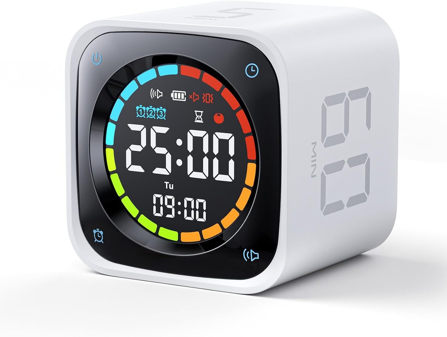 TK3 Pomodoro Timer Cube, Productivity Timer, 5/10/30/60 Min Presets, Custom Countdown, Stopwatch & Clock, Triple Alarms, Silent/Vibration/Sound Alerts, Rechargeable for ADHD Study Task, White