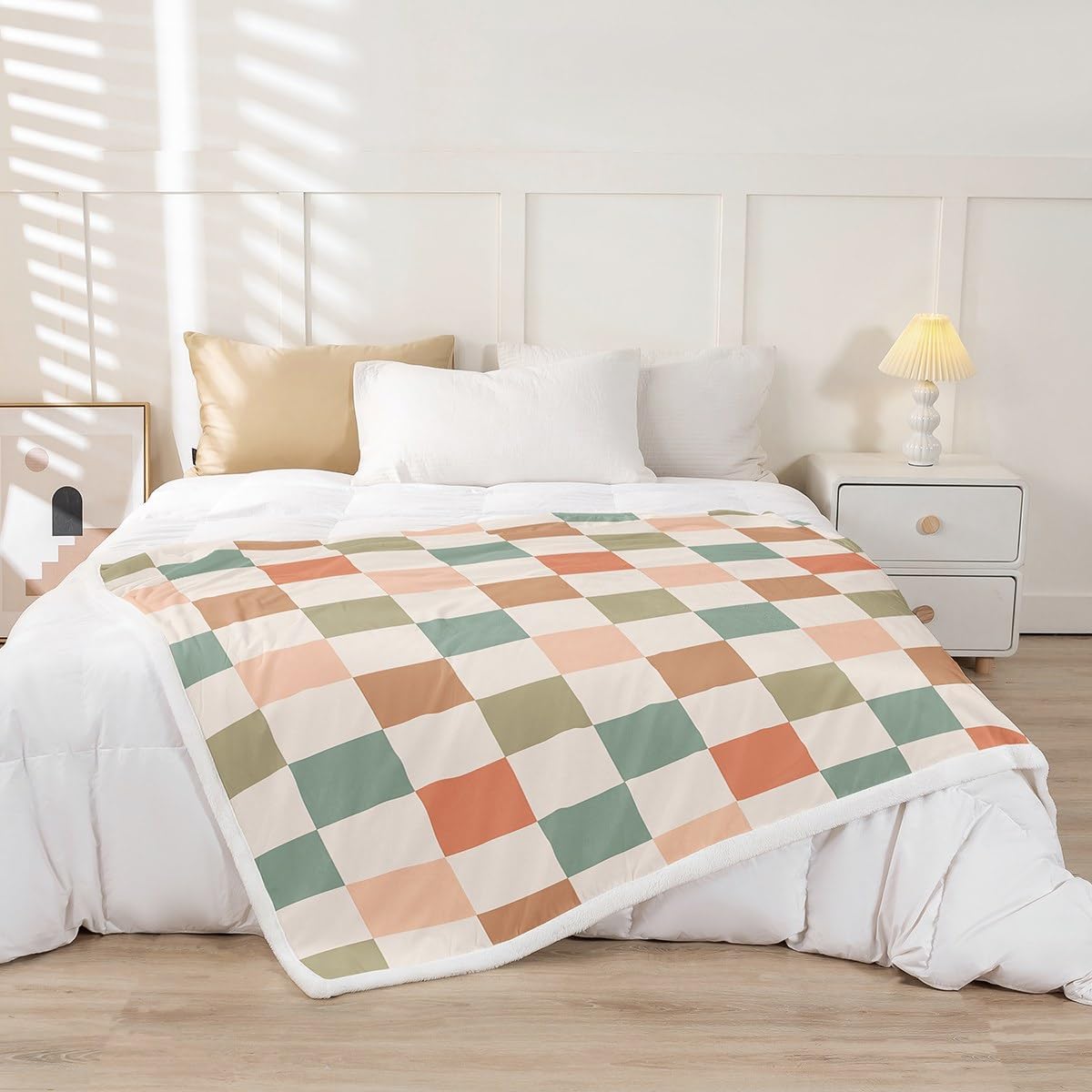 Feelyou Multicolored Checkered Retro Throw Blankets Kids Boys Girls Geometric Vintage Soft Cozy Fleece Blankets 50x60 Inches Ivory White Colorful Fleece Flannel Throws Modern Room Decor