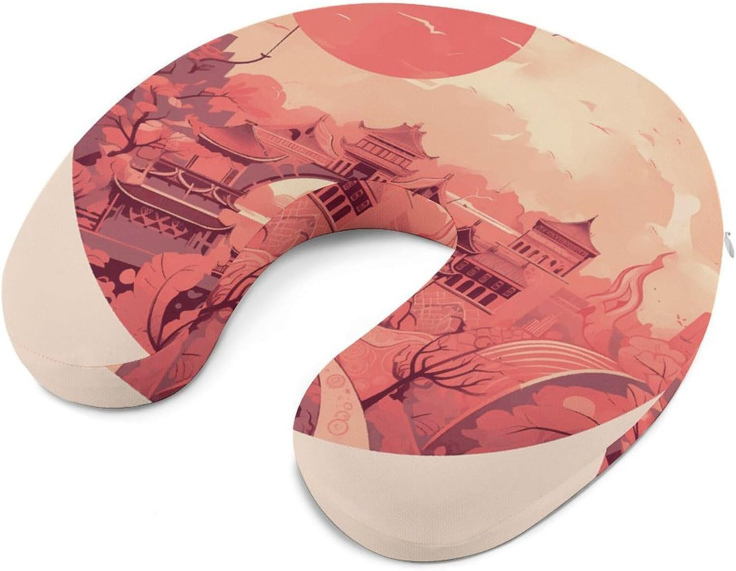 Chinese Architectural Patterns Neck Pillow Memory Foam U Shaped Pillows Portable Pillows for Shoulder Travel Head Support Pillow with Concealed Zipper for Airplane Car Home Office