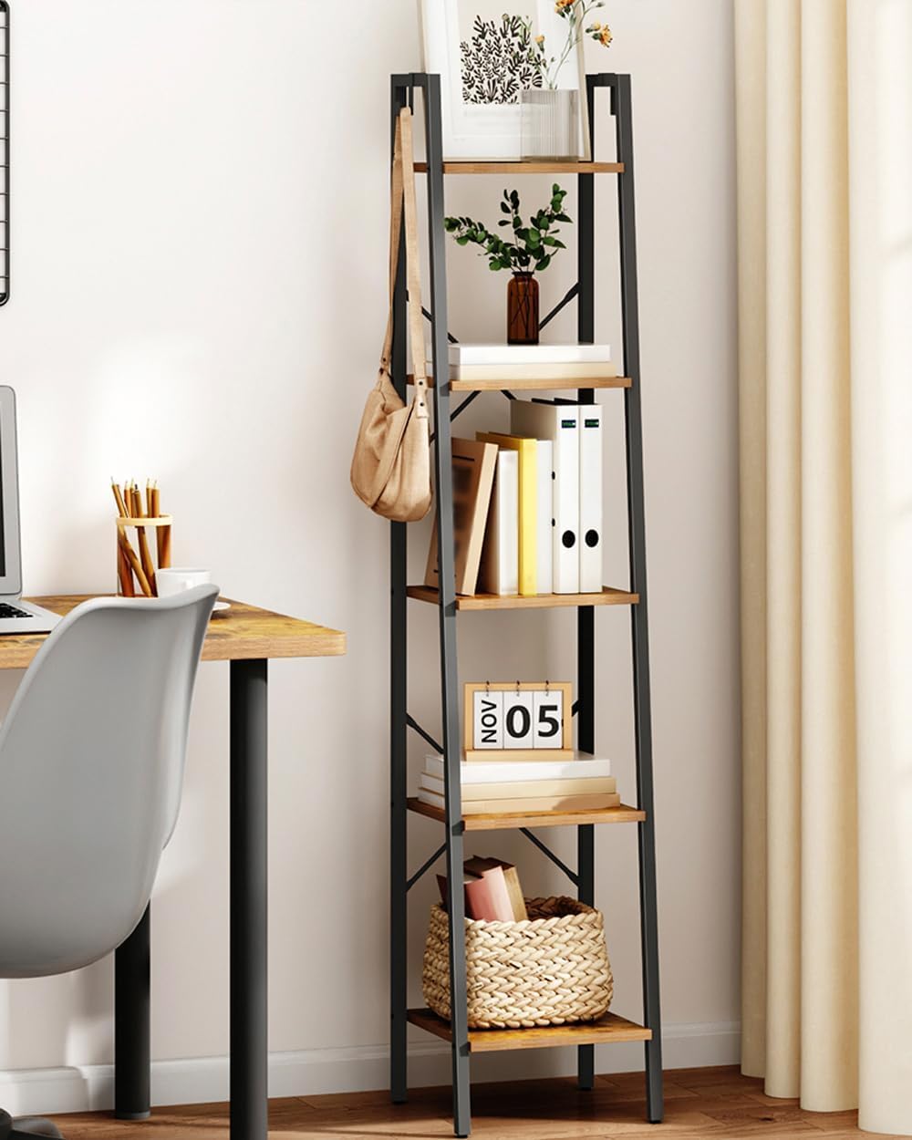 Ladder Shelf, Bookshelf Bookcase, Freestanding Corner Storage Shelve with 2 Hooks for Home Office, Living Room, Kitchen, Bedroom, Industrial, 11.8" D x 13.4" W x 63" H, Rustic Brown BC03201B