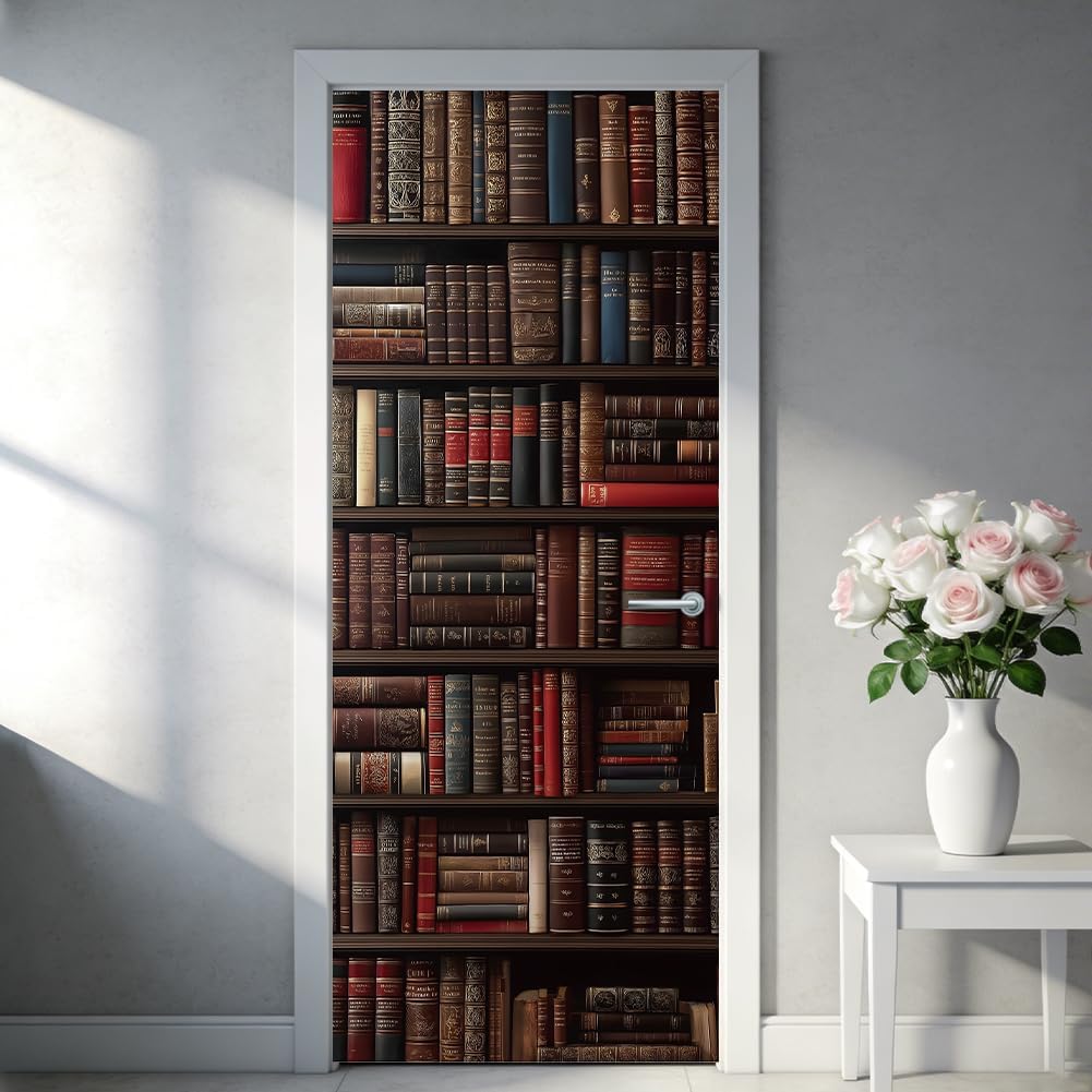 2Pcs Vintage Bookshelf Door Sticker Decals Books Removable PVC Door Decals Brown Wood Self-Adhesive Doors Wallpaper for Bedroom Library Cafes Doors 79 * 31in/200 * 80cm