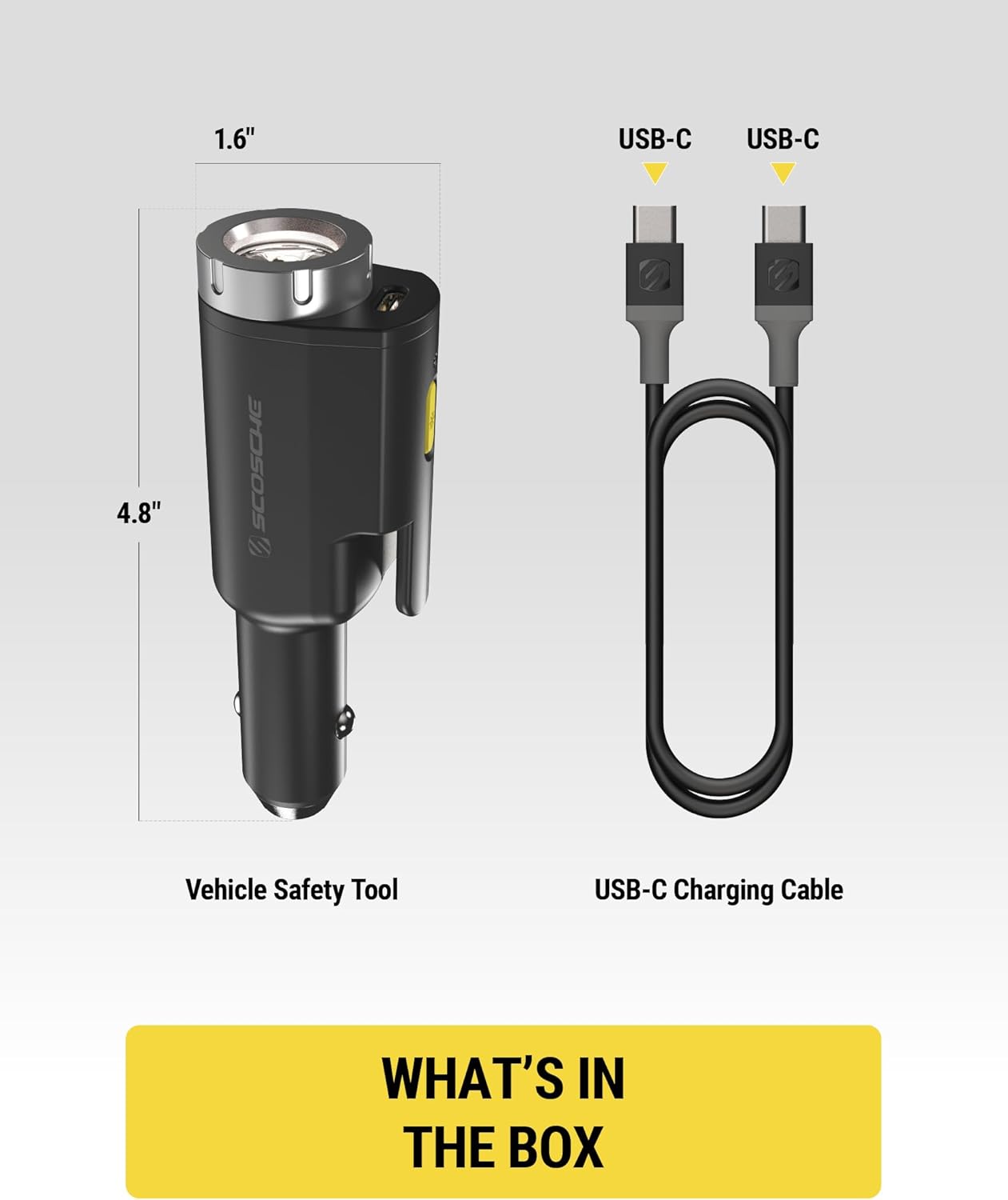 Scosche PB5N1 GoBat Pro 5-in-1 Vehicle Safety Kit, Emergency Car Escape Tool with Seatbelt Cutter, Glass Window Breaker, LED Flashlight, 12W USB-C Car Charger and Portable Power Bank