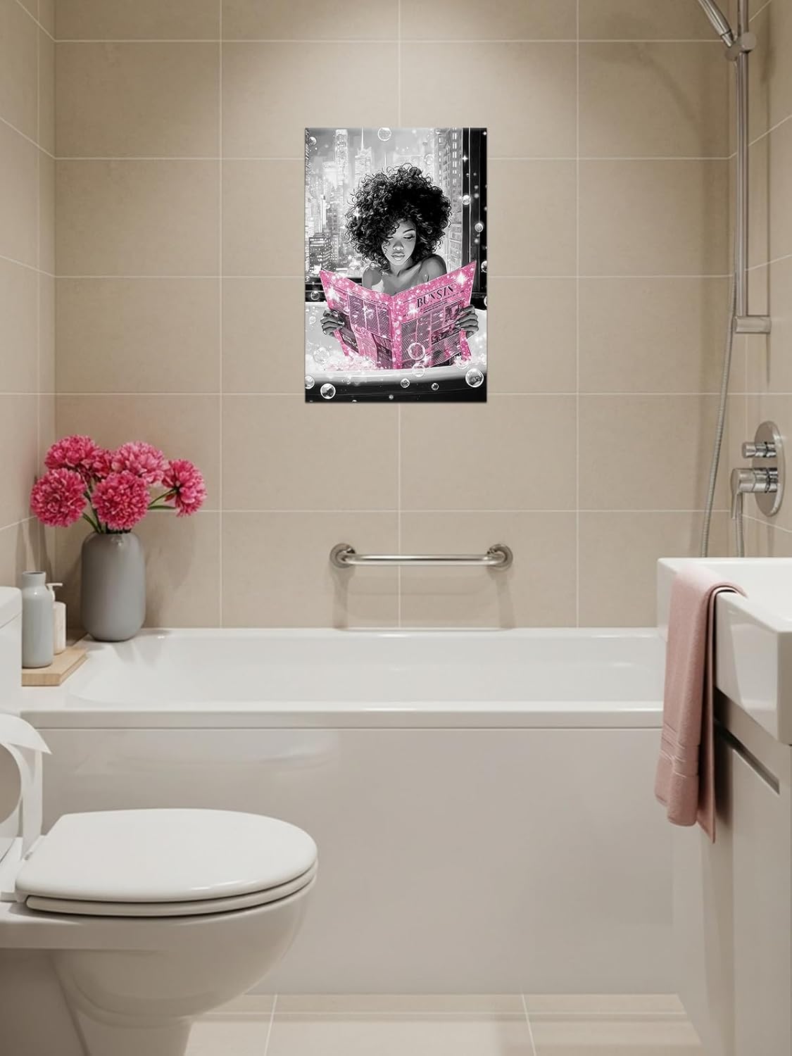 Black Girl Wall Art Afro Woman Reading Pink Newspaper in Bath Canvas Black White Cityscape Print Modern African American Painting Inspirational Picture Poster for Bathroom Home Decor(POR-02,12"x18")