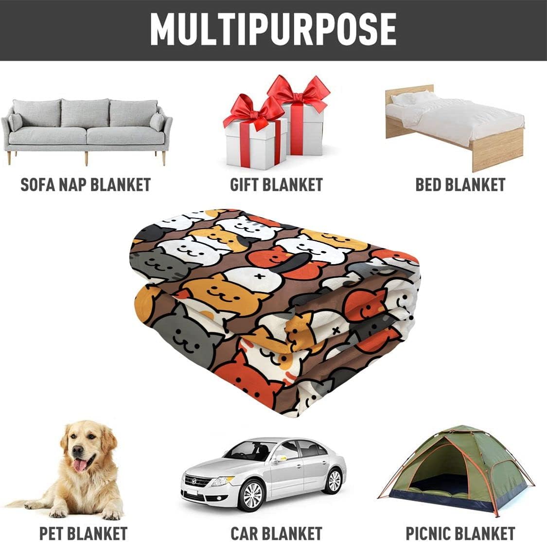 Cartoon Cat Throw Blanket Cute Animals Cartoon Cats Fleece Blanket Soft Warm Cozy for Kids Adult Gifts 50"x60"