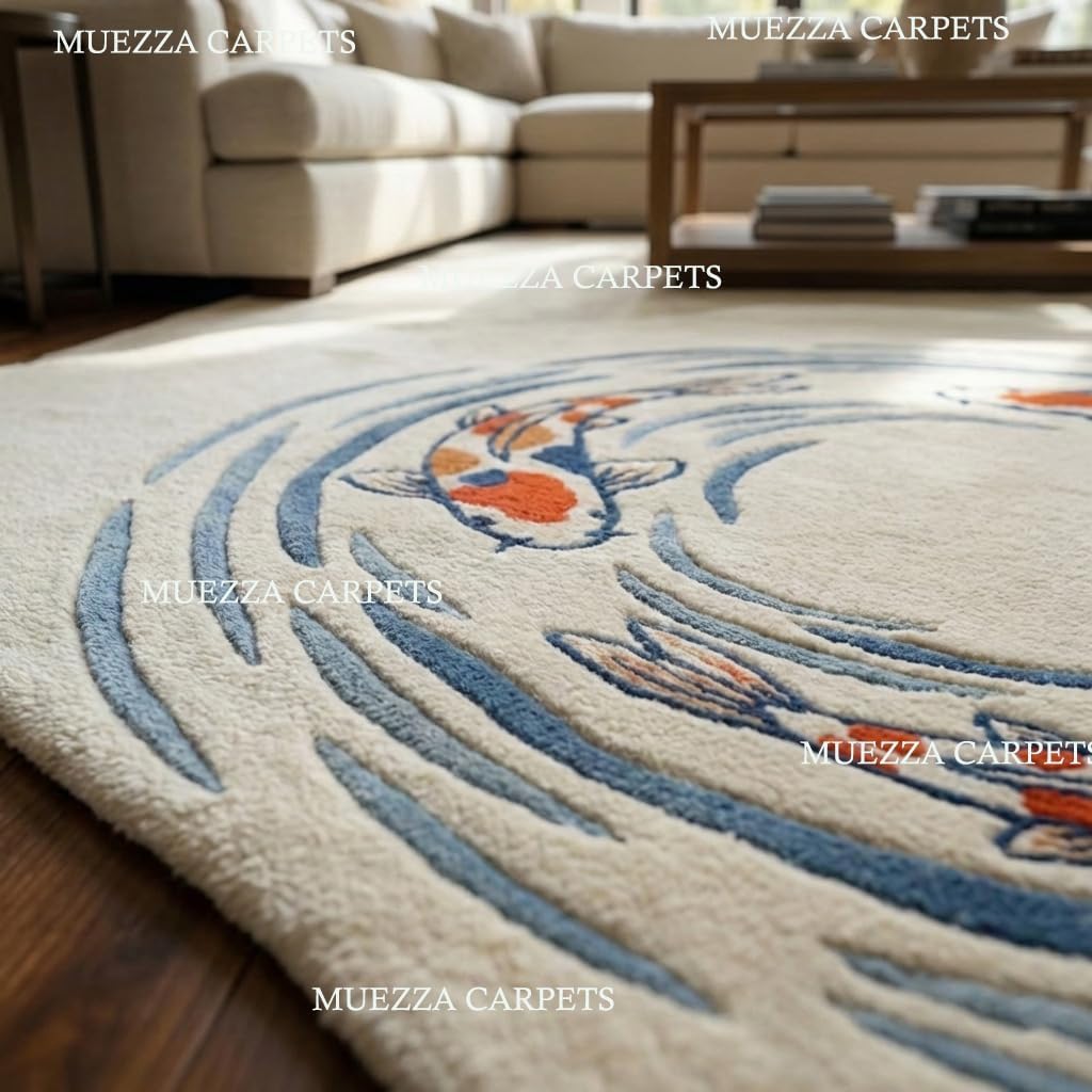 Hand Tufted Wool Koi Fish Area Rug 2x3 Ft – Japanese Zen Inspired Plush Accent Rug for Entryway Bedroom Decor