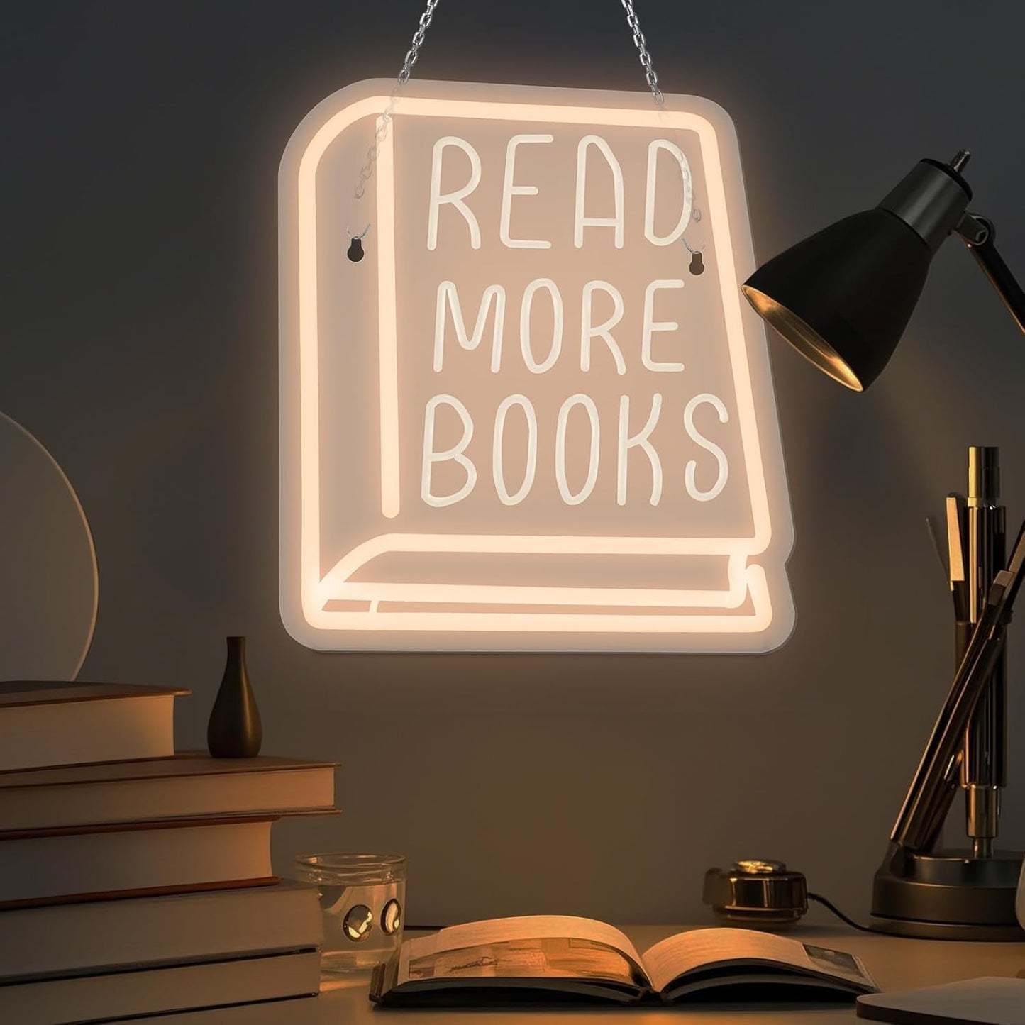 Neon Sign Read More Books, White LED Sign for Library Decor, 11 Inches x 11 Inches, Acrylic Material