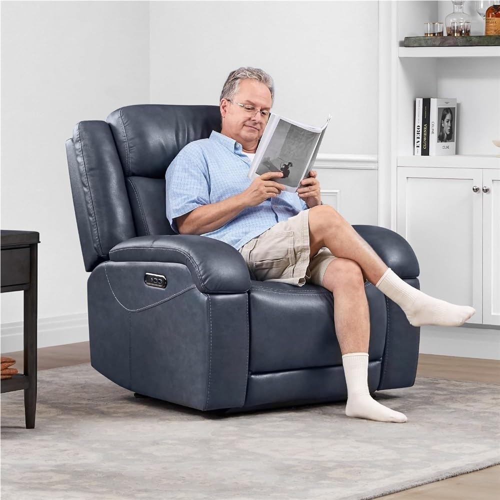 Blue Leather Power Recliner Chair for Adults, Modern Electric Reclining Sofa with USB Charging Ports, Comfortable Home Theater Electric Recliner for Living Room
