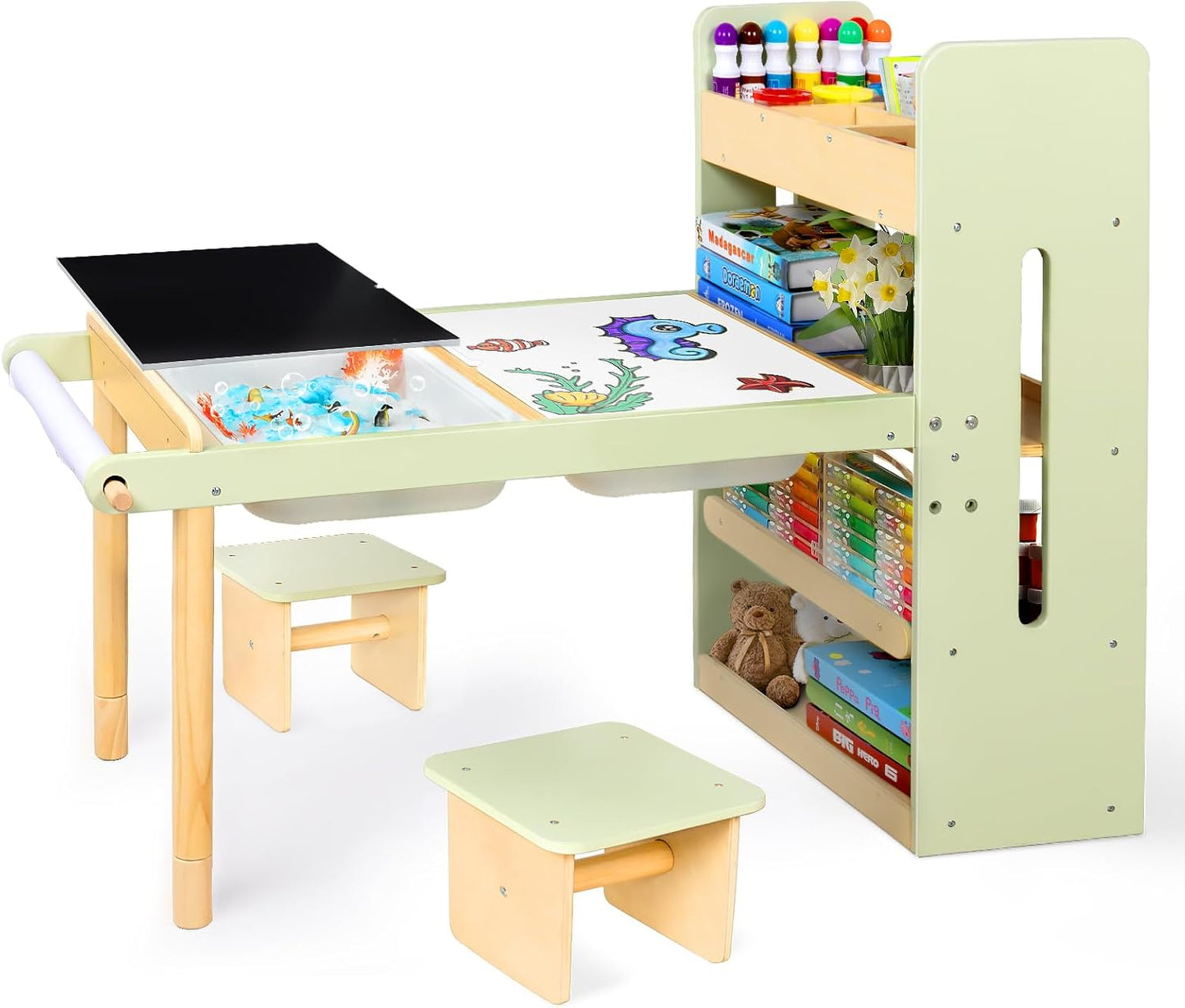 LOL-FUN Kids Sensory Art Table and Chairs Set with Storage Bins & Shelves, Toddlers Activity Table for Ages 3-8 Preschool Sand and Water Play, Drawing Desk with Blackboard Whiteboard