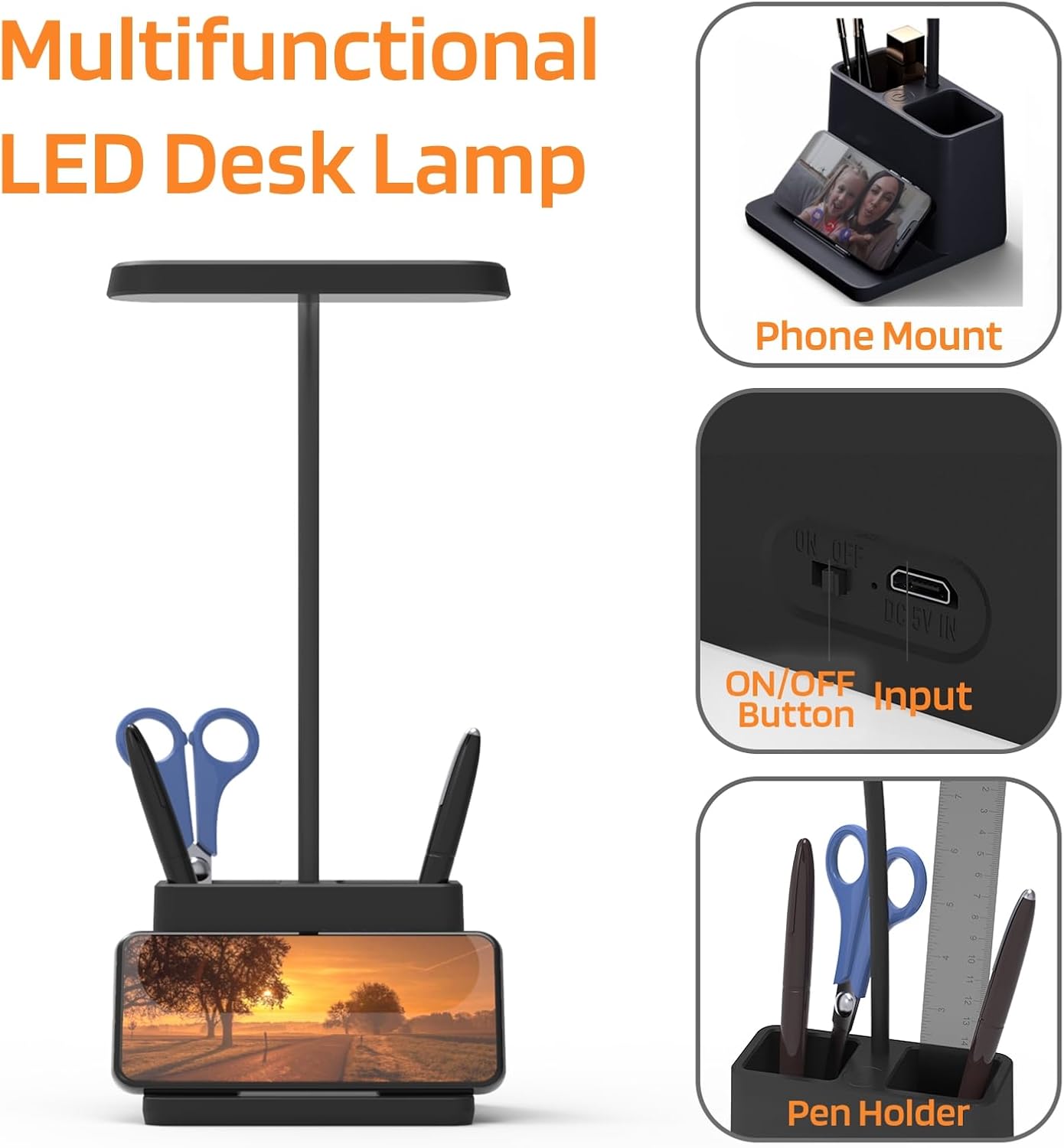 AXX Black LED Desk Lamp for Home Office Bedroom, Battery Operated Table Light for Computer Desktop, Small, Cute, Dimmable, Rechargeable, Flexible Gooseneck, Pen Holder, Phone Mount, Touch Control