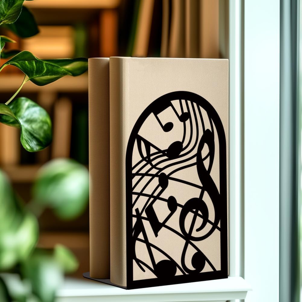 Musical Metal Book Ends Non-Skid Black Unique Bookend Decorative Heavy Book Ends for Shelves Heavy Duty Study Book Support Stoppers for Desk Musical Note 7x4.7x3.5 inch 1 Pairs/2 Pcs