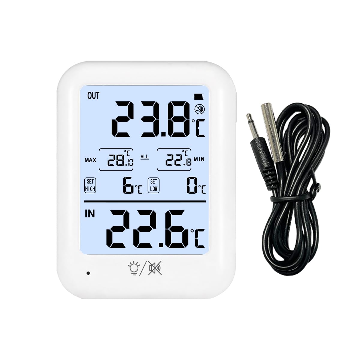 Digital Fridge Thermometer with Probe, High/Low Temp Alarm & 24H Max/Min Memory, Indoor/Outdoor LED Display with Backlight, External Sensor for Refrigerator Freezer and Food Storage