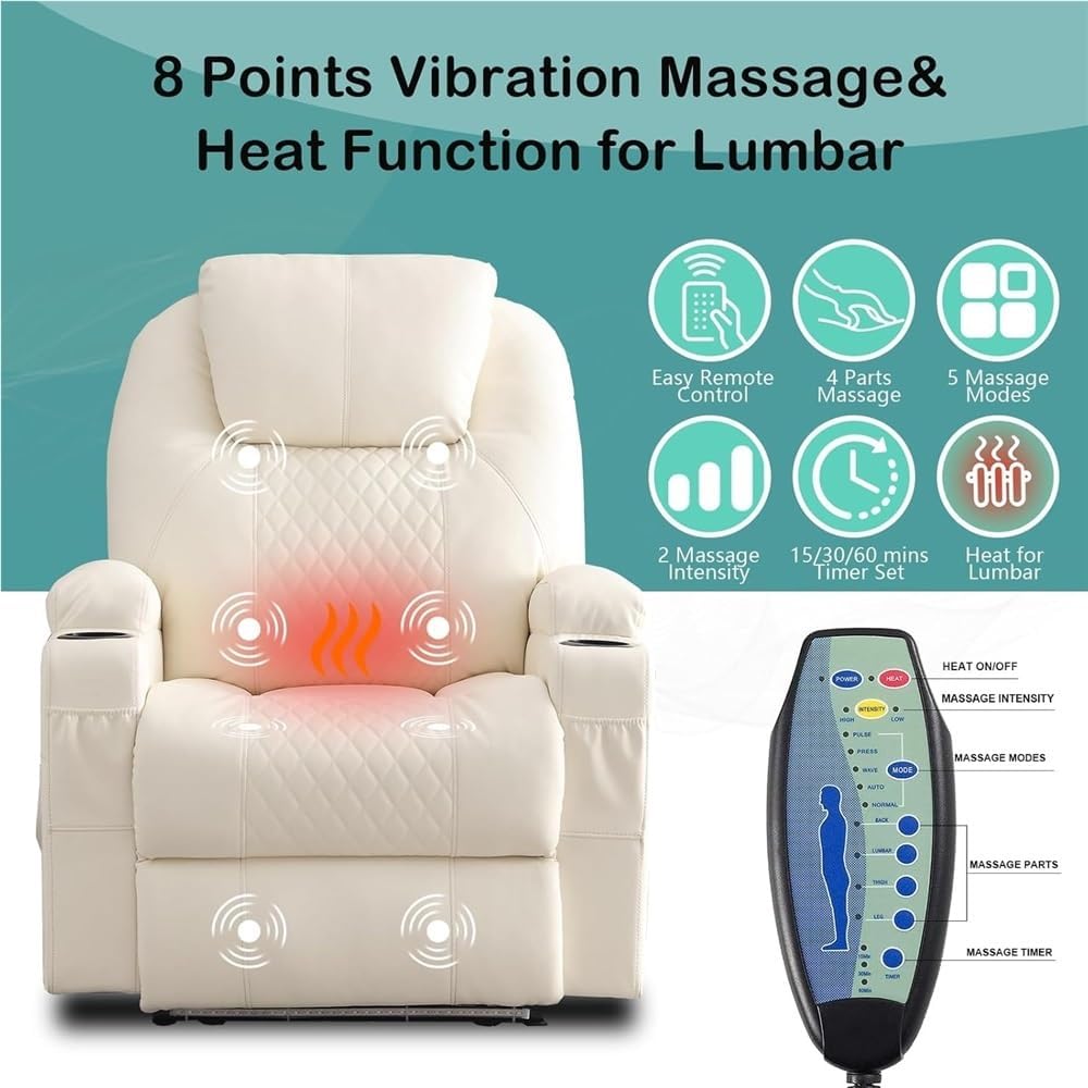 Beige Electric Power Recliner Chair with Heat and Massage Single Seat Theater Seating Upholstered Lounge Sofa Cup Holders USB Port for Adults Living Room Reclining Furniture