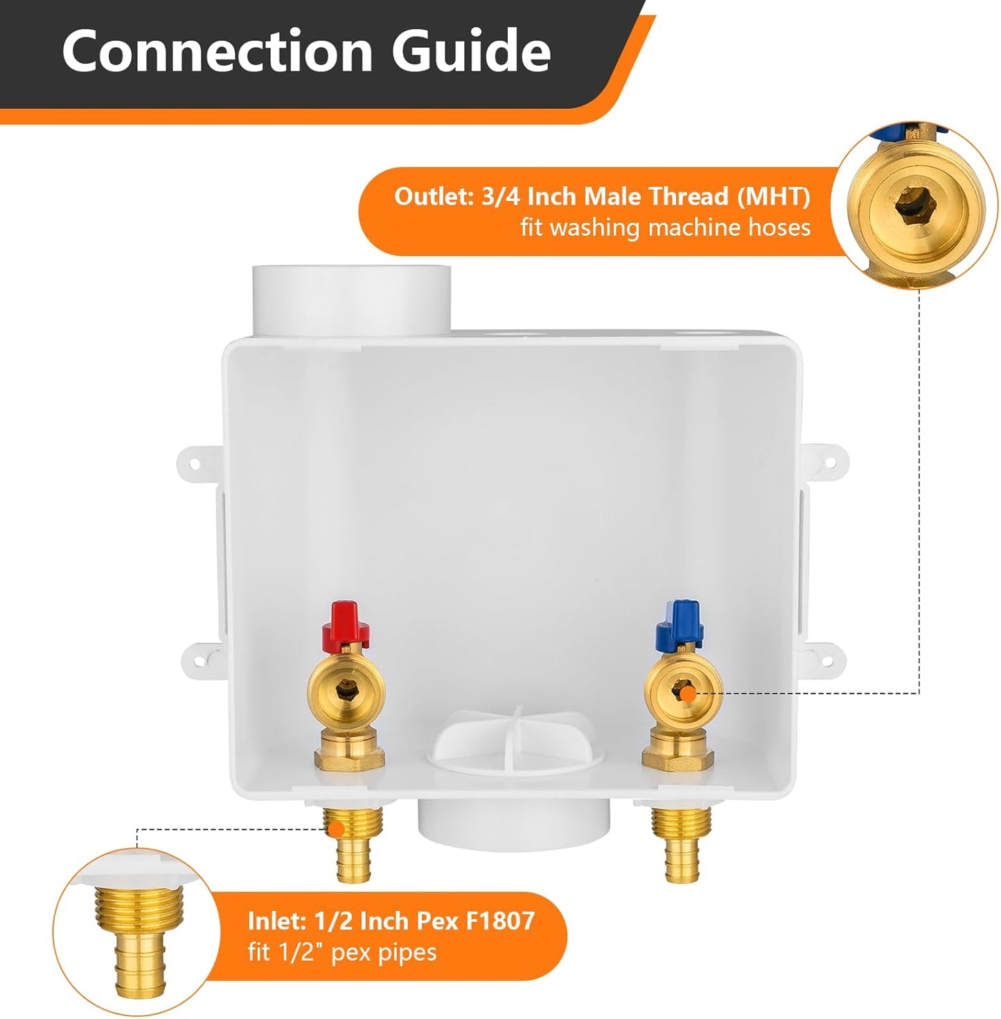 1-Pack HeSun Washing Machine Outlet Box, 1/2 Inch Crimp Pex Inlet x 3/4 Inch MHT Outlet Connection, Pex Washer Laundry Box with Center Drain(WM002)