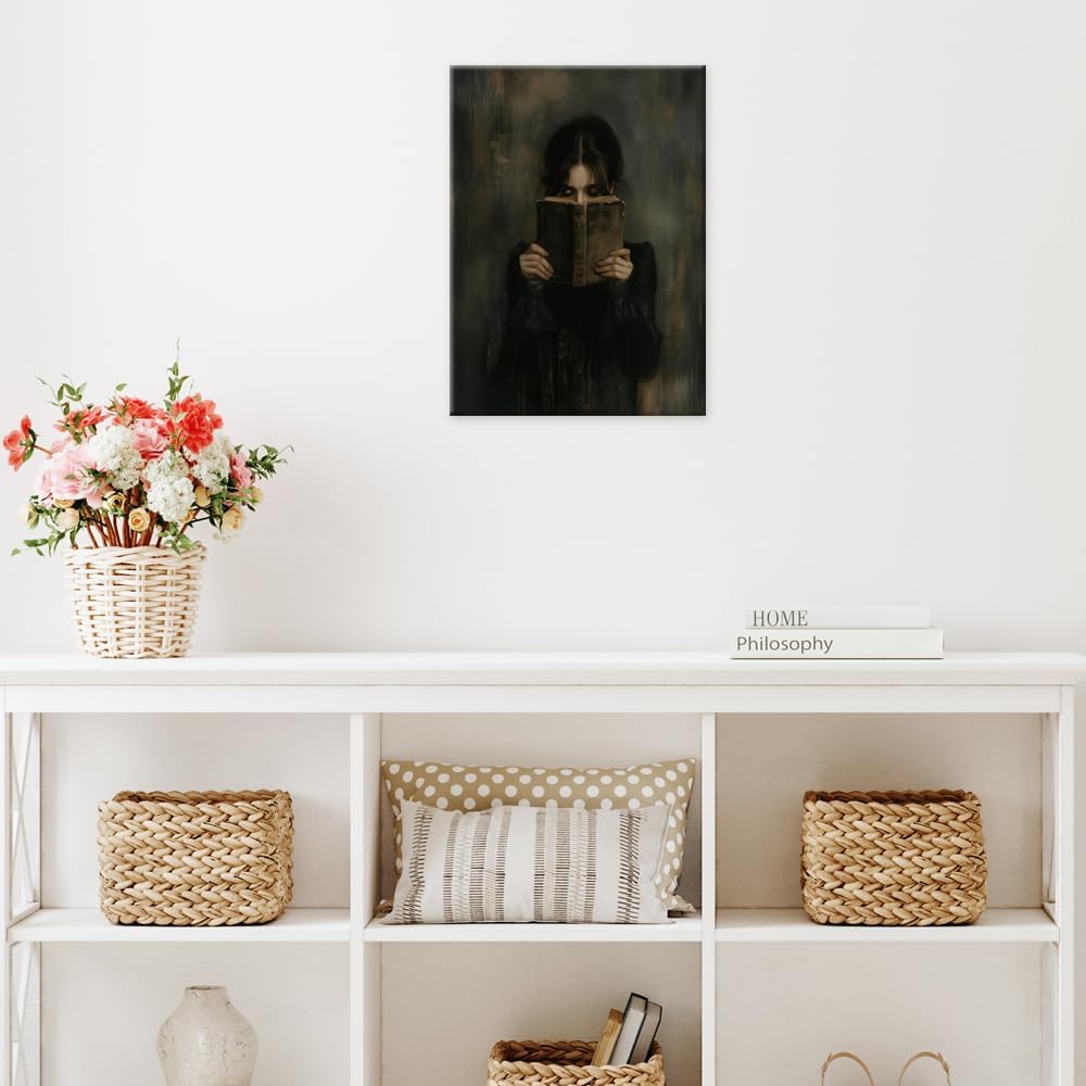 vintage Victorian Woman Reading Book Poster Print wall art Dark Academia Aesthetic Moody reading Wall Decor for Library book nook decor 08x10in Wrapped Canvas