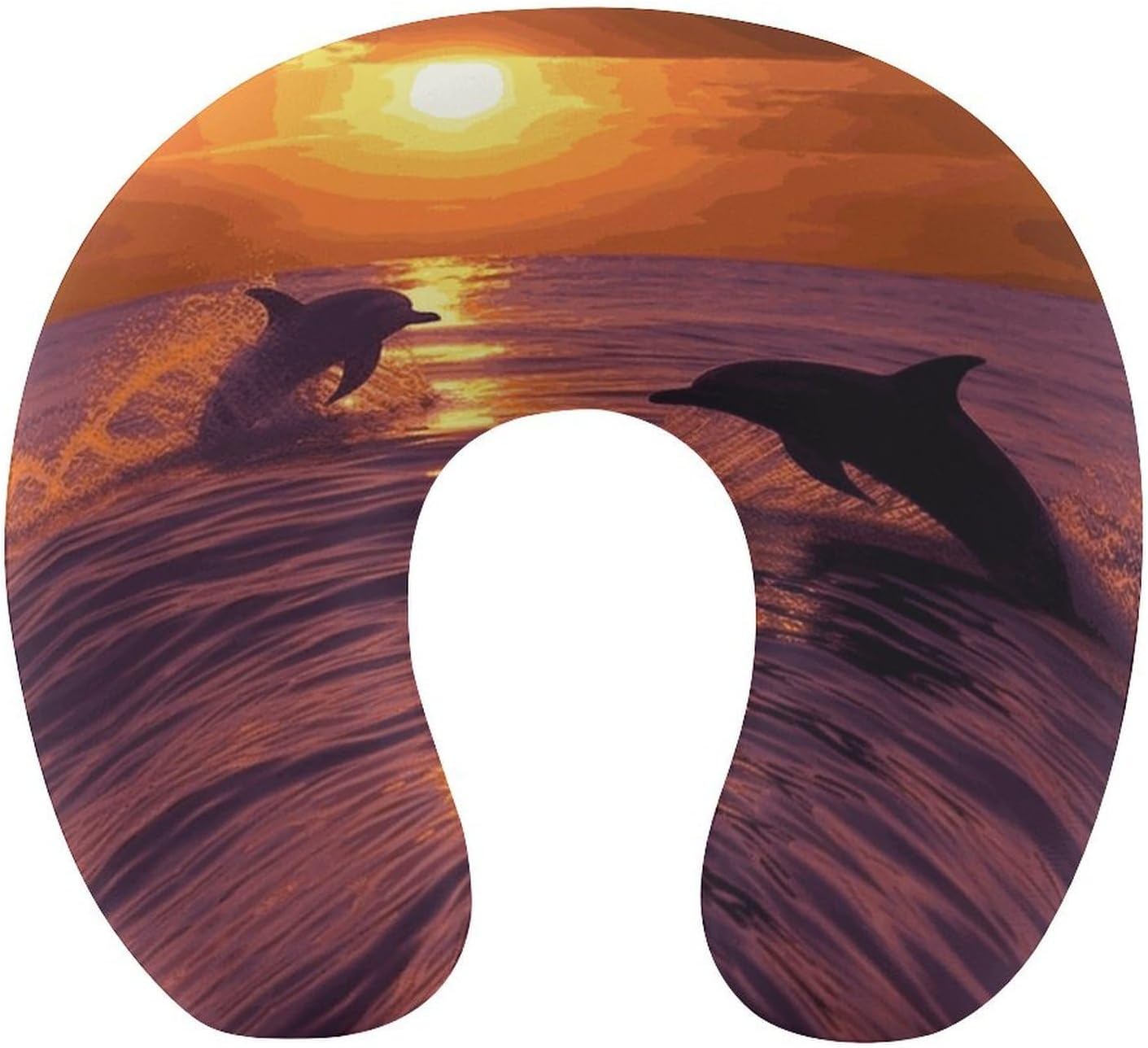 Sunset Dolphins Neck Pillow Memory Foam U Shaped Pillows Portable Pillows for Shoulder Travel Head Support Pillow with Concealed Zipper for Airplane Car Home Office
