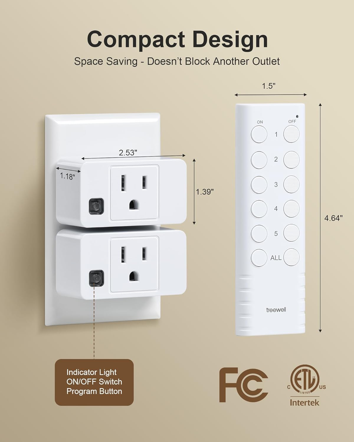 Wireless Remote Control Outlet, 200FT Long Range Remote Light Switch, Mini Remote Outlet Plug, 15A/1875W High-Power for Lamps, Lights, Household Appliances, FCC & ETL Listed (5 Outlets + 2 Remotes)